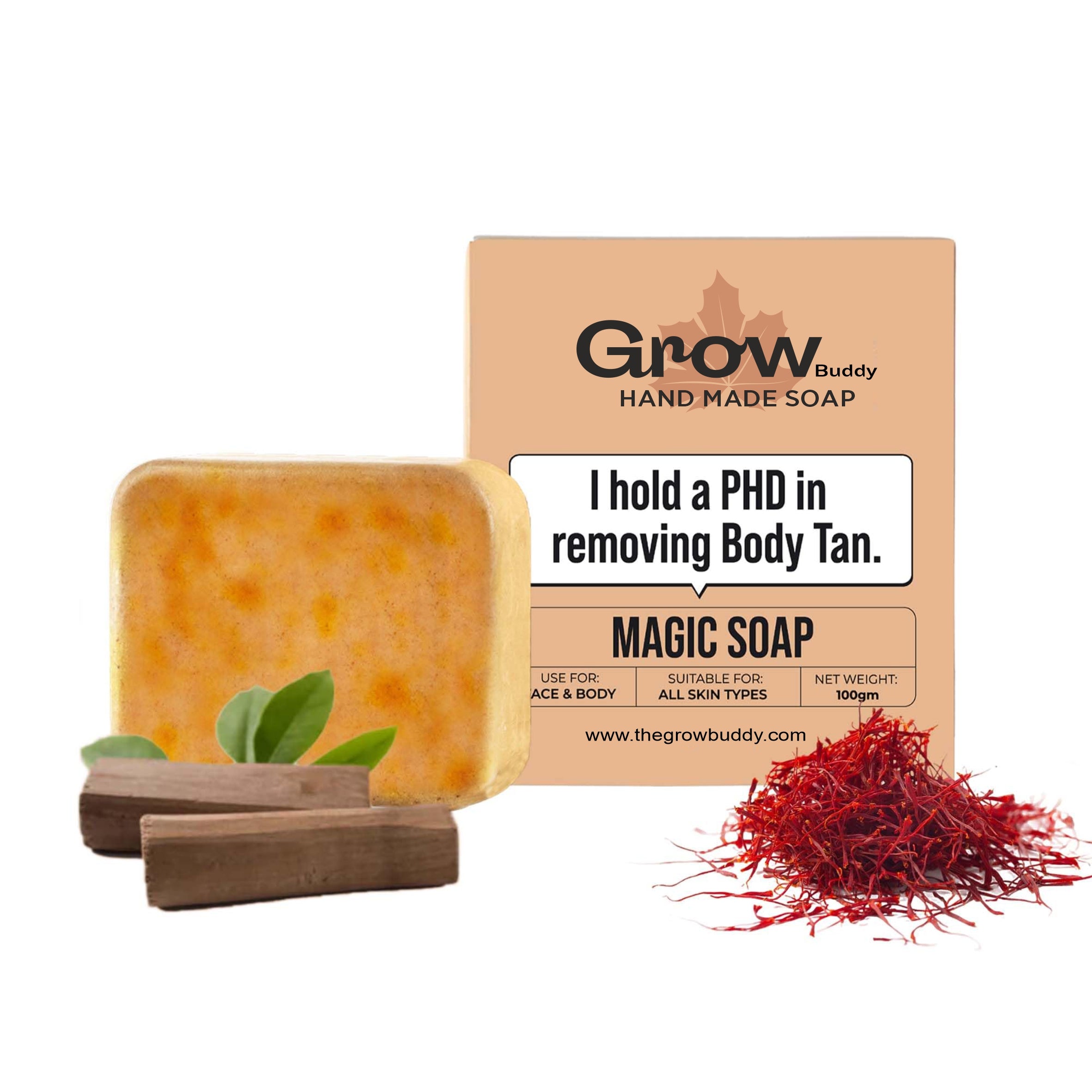 GrowBuddy Sandalwood & Saffron Magic Soaps For Bath (100 Gms Pack Of 1) | Paraben Free | Chandan & Kesar Bath Soap | Handmade Soaps For Glowing | Skin Brightening Soap For Men & Women