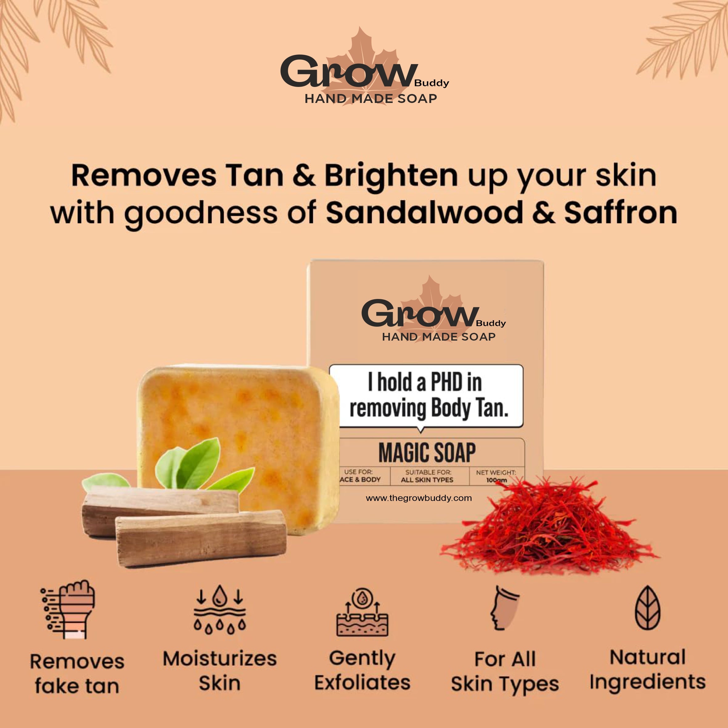 GrowBuddy Sandalwood & Saffron Magic Soaps For Bath (100 Gms Pack Of 1) | Paraben Free | Chandan & Kesar Bath Soap | Handmade Soaps For Glowing | Skin Brightening Soap For Men & Women