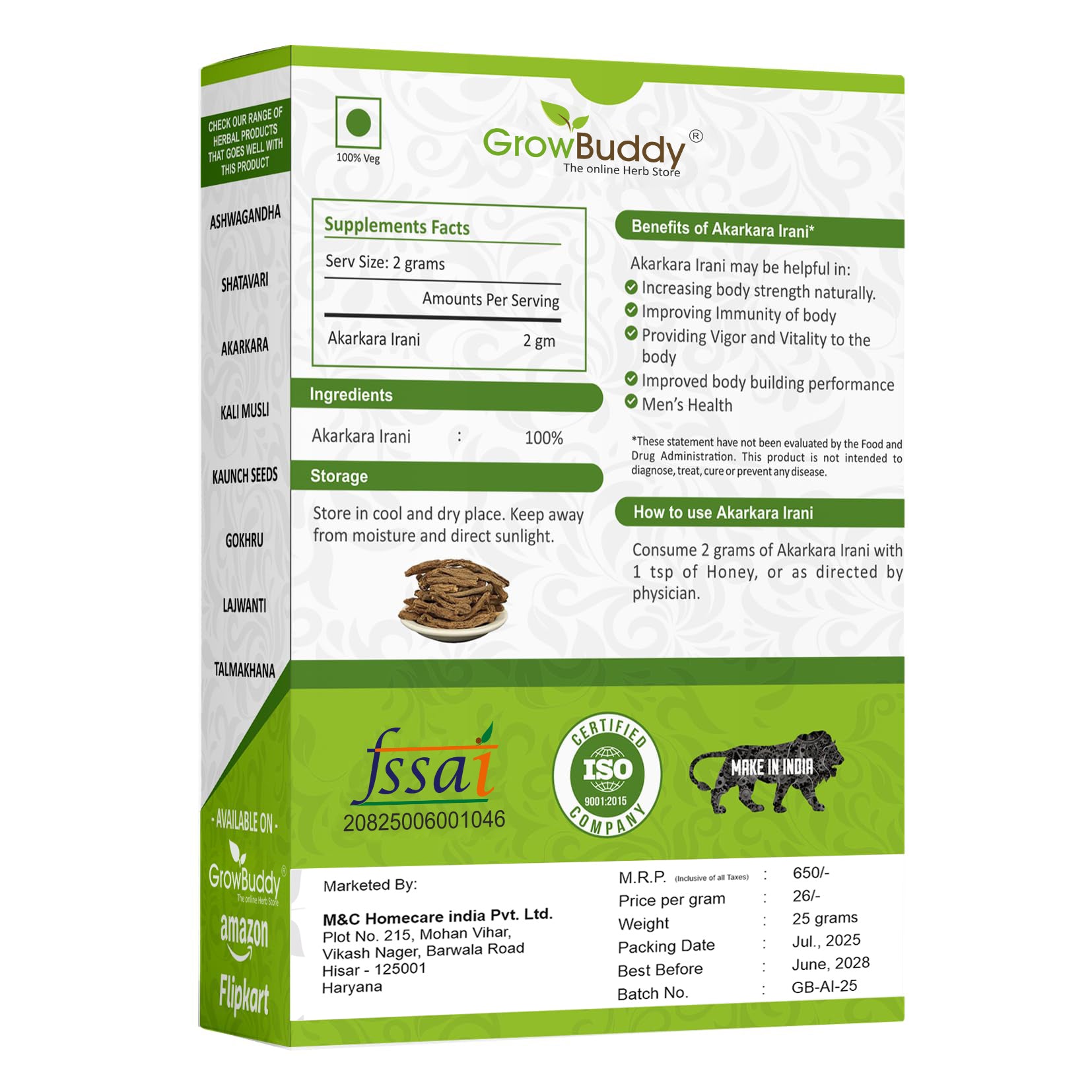 GrowBuddy Original Akarkara Powder | Anacyclus Pyrethrum (25 grams)