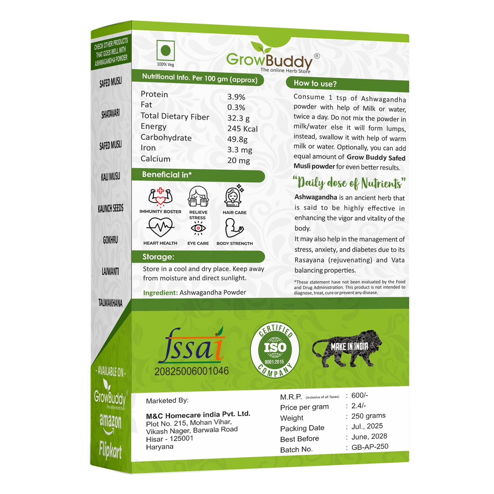 GrowBuddy Ashwagandha powder (250g) | Withania Somnifera | Helps fight anxiety and Stress and Improving vigor and vitality