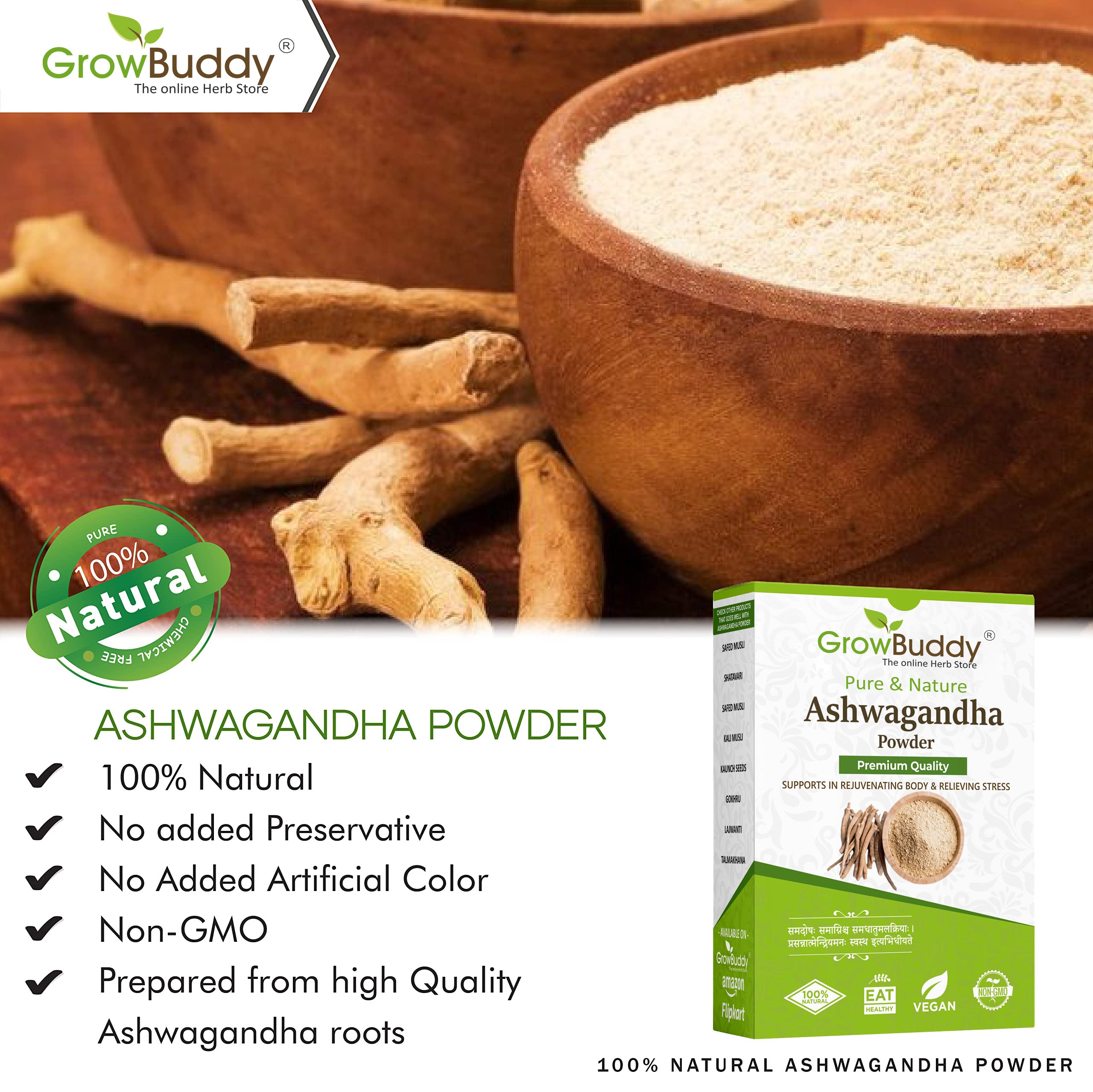 GrowBuddy Ashwagandha powder (250g) | Withania Somnifera | Helps fight anxiety and Stress and Improving vigor and vitality