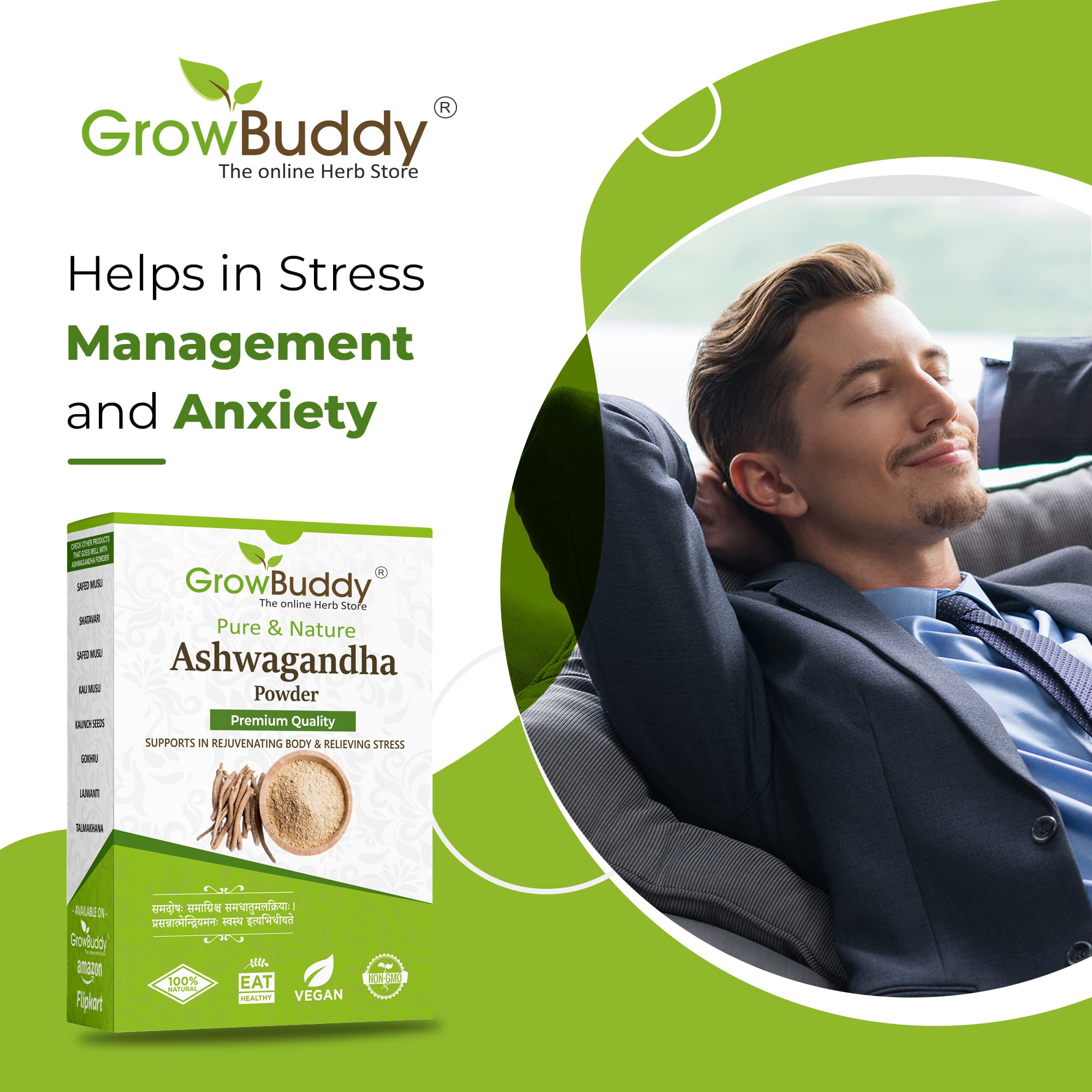 GrowBuddy Ashwagandha powder (250g) | Withania Somnifera | Helps fight anxiety and Stress and Improving vigor and vitality