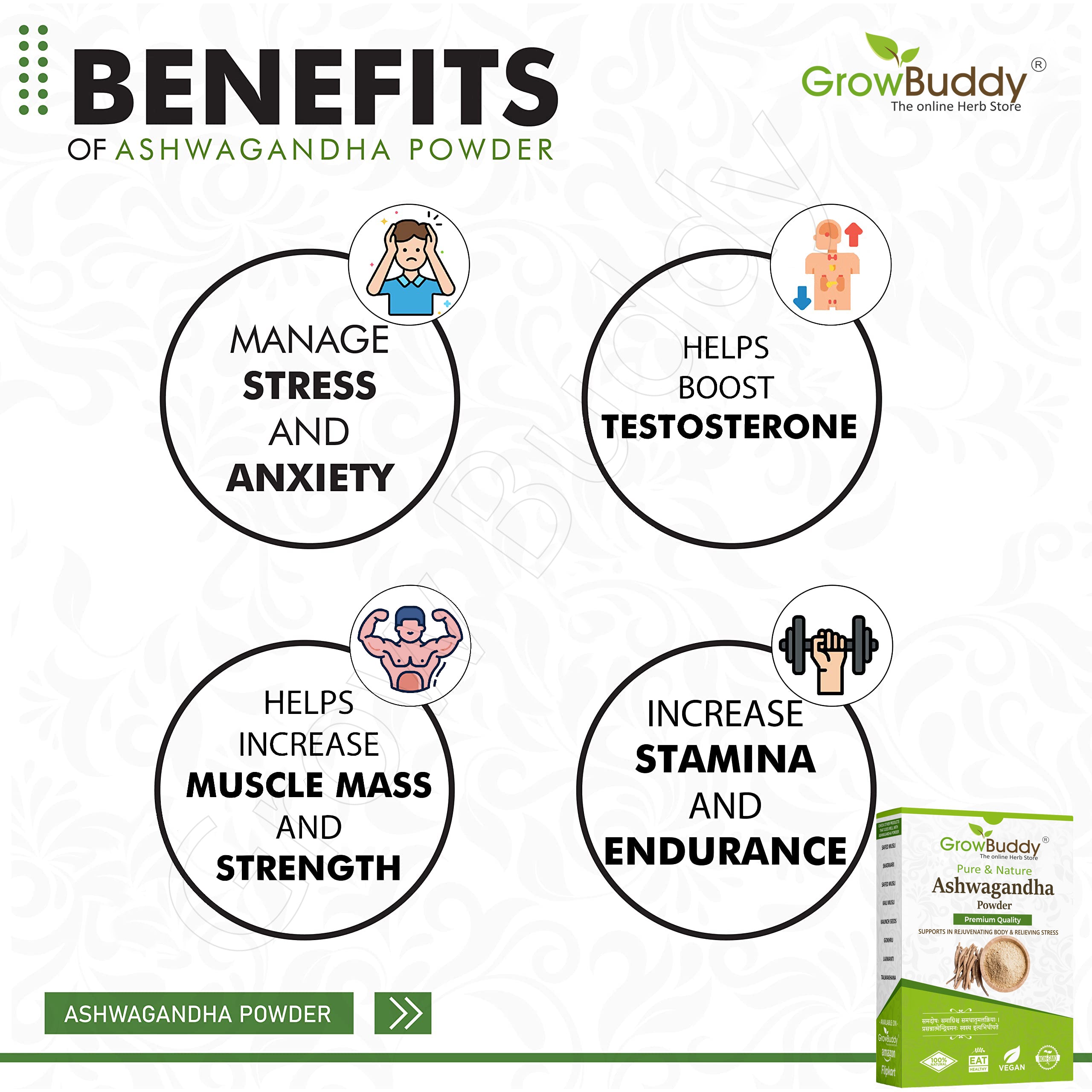 GrowBuddy Ashwagandha powder (250g) | Withania Somnifera | Helps fight anxiety and Stress and Improving vigor and vitality