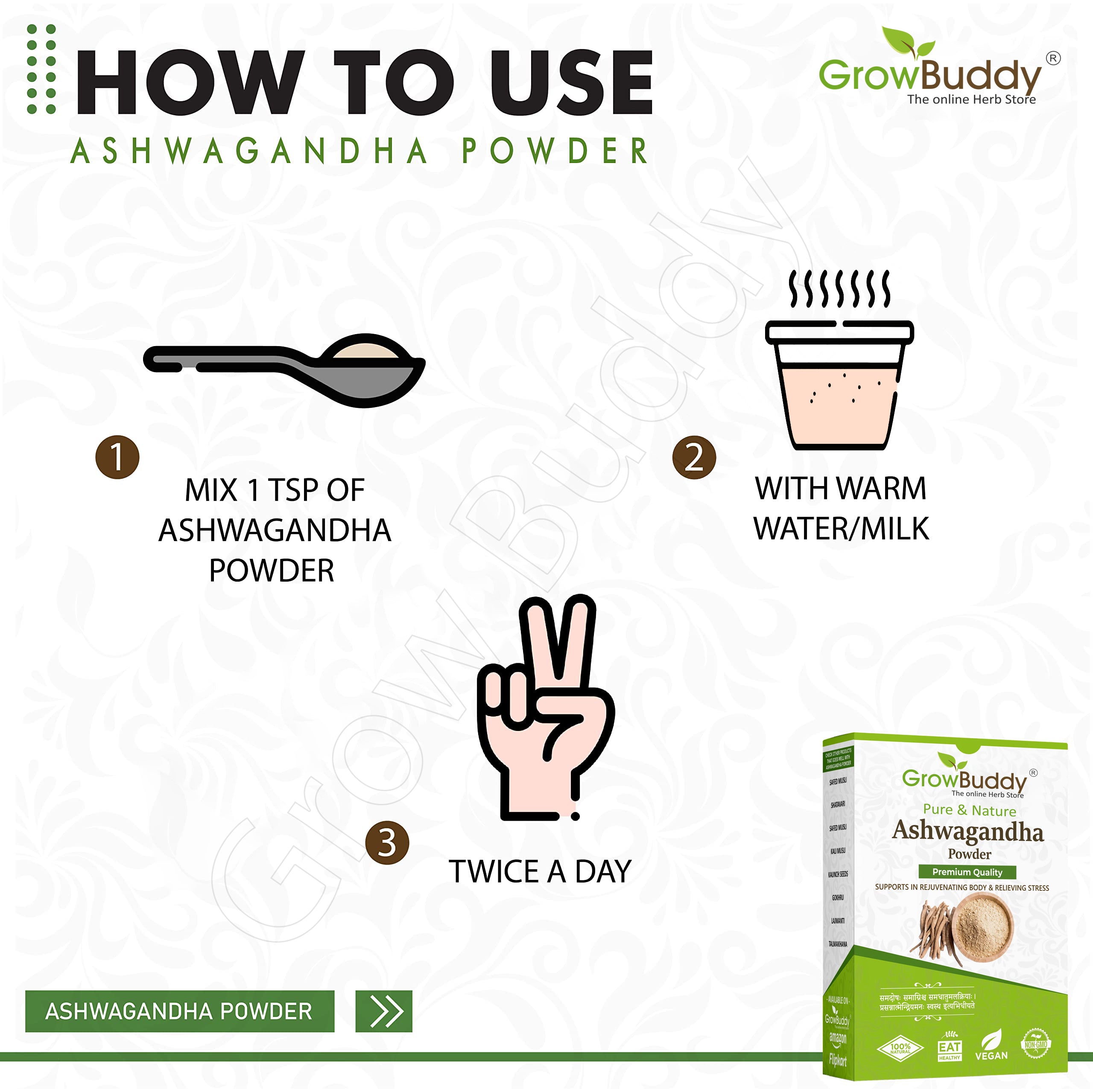 GrowBuddy Ashwagandha powder (250g) | Withania Somnifera | Helps fight anxiety and Stress and Improving vigor and vitality
