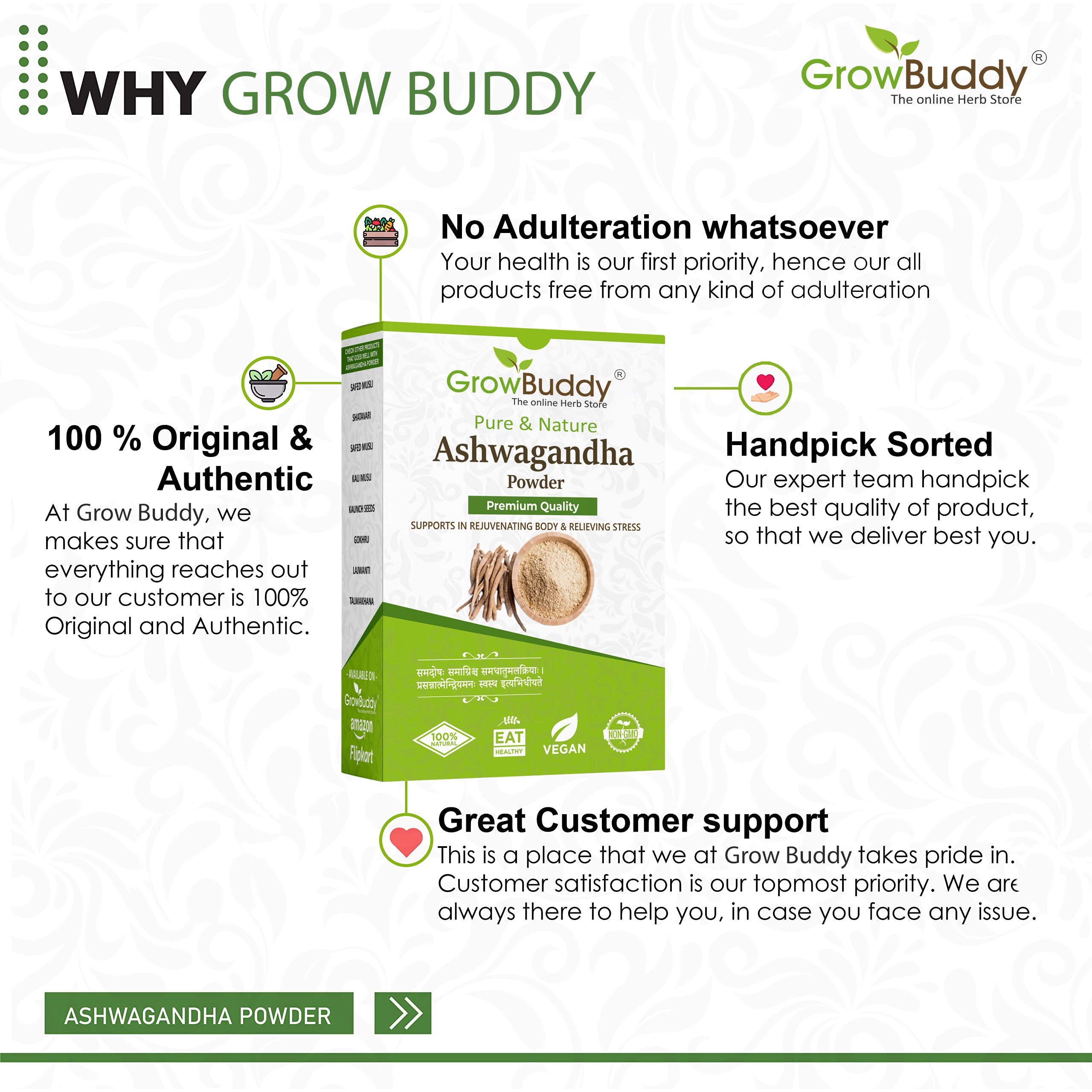 GrowBuddy Ashwagandha powder (250g) | Withania Somnifera | Helps fight anxiety and Stress and Improving vigor and vitality