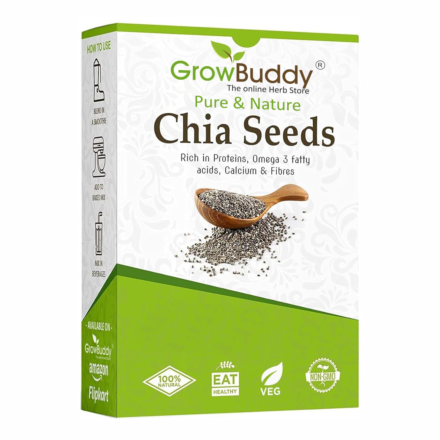 GrowBuddy Chia Seeds 250 gm - For Weight Management and Eating | Pure and Natural | Preservative-free | Non-GMO | Clean and Sorted | Rich in Calcium, Protein, Omega-3 & Fibre |