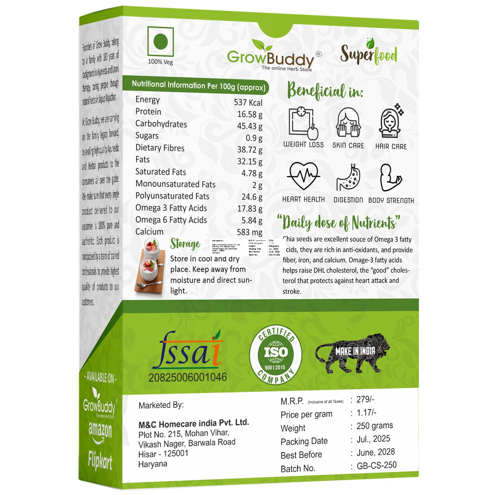 GrowBuddy Chia Seeds 250 gm - For Weight Management and Eating | Pure and Natural | Preservative-free | Non-GMO | Clean and Sorted | Rich in Calcium, Protein, Omega-3 & Fibre |