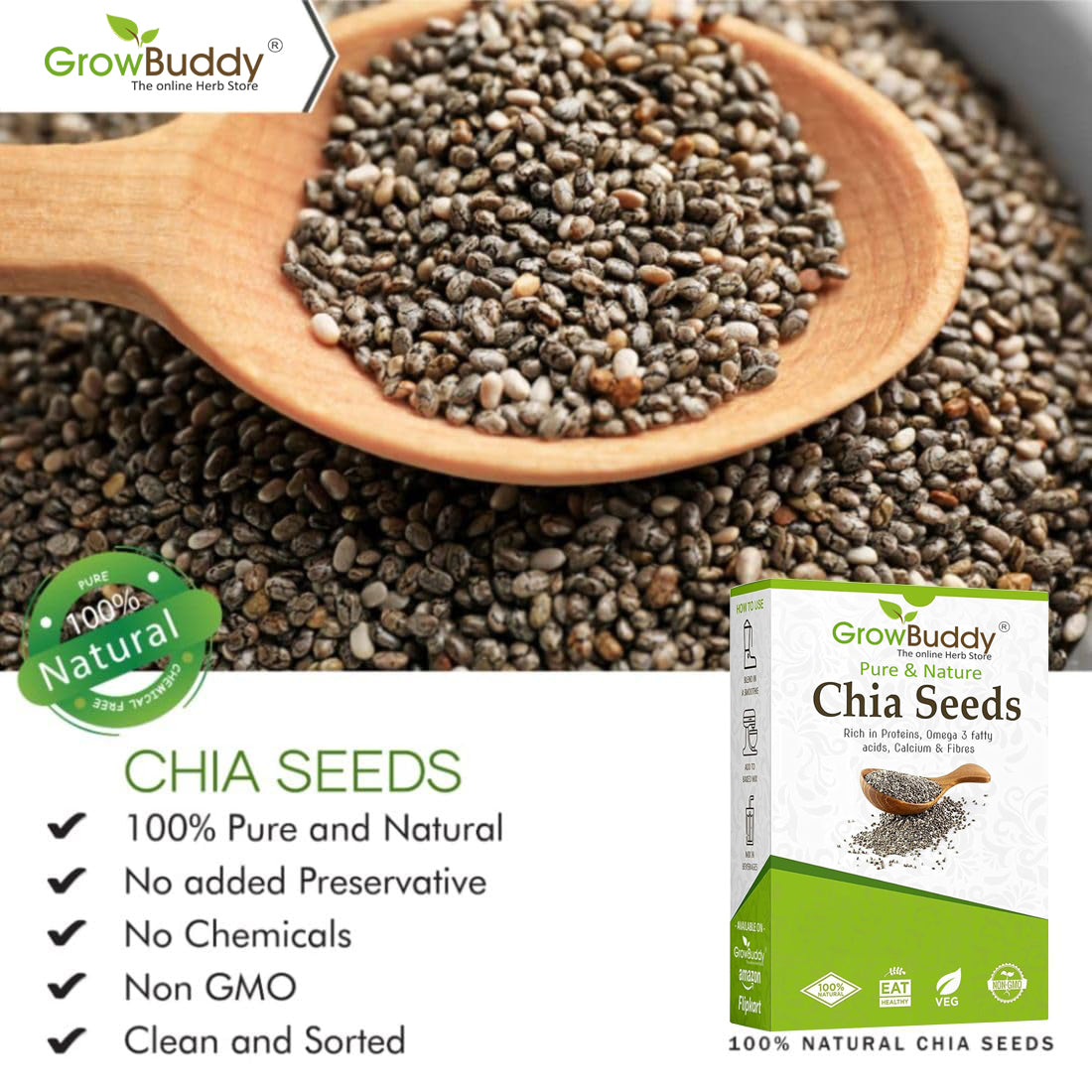 GrowBuddy Chia Seeds 250 gm - For Weight Management and Eating | Pure and Natural | Preservative-free | Non-GMO | Clean and Sorted | Rich in Calcium, Protein, Omega-3 & Fibre |