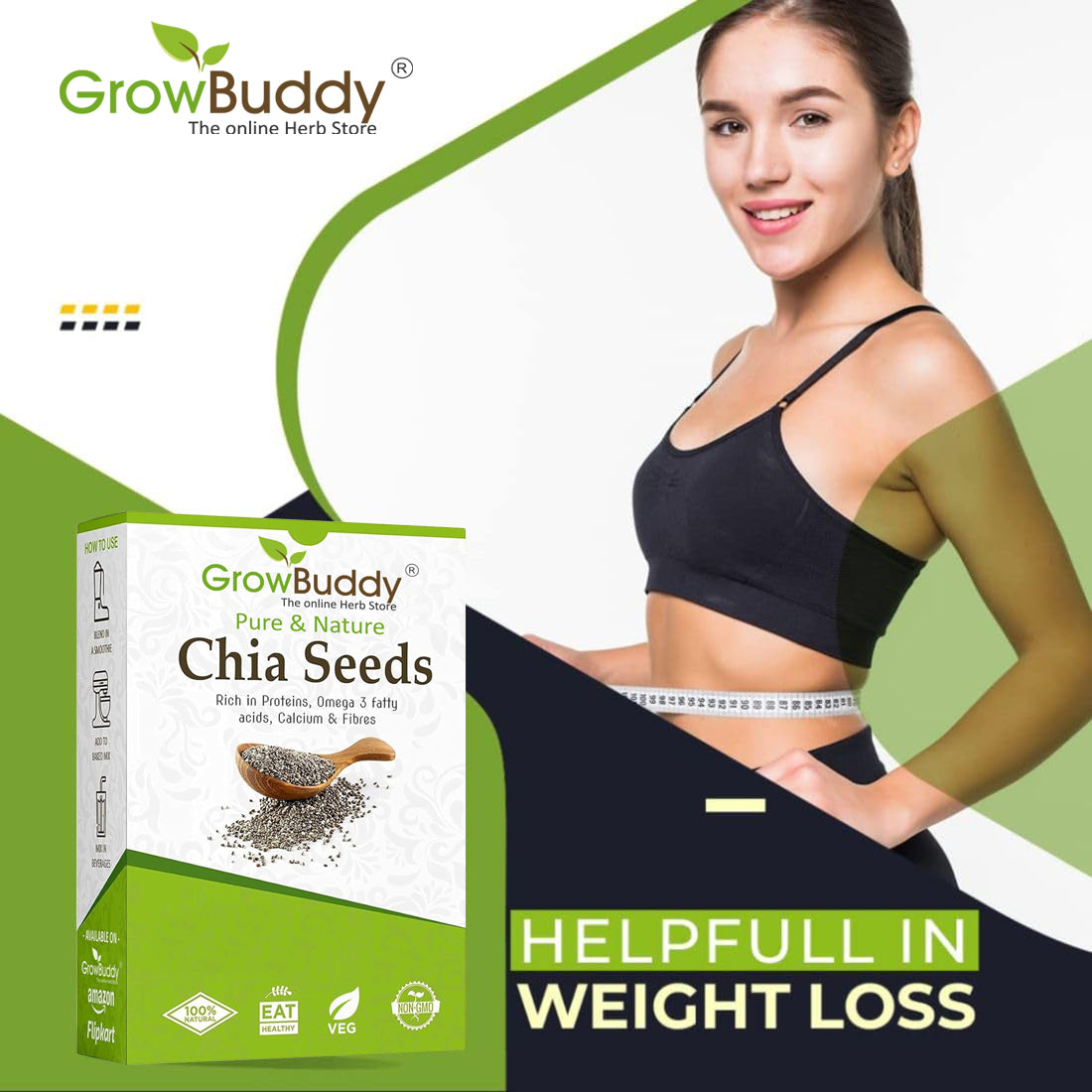 GrowBuddy Chia Seeds 250 gm - For Weight Management and Eating | Pure and Natural | Preservative-free | Non-GMO | Clean and Sorted | Rich in Calcium, Protein, Omega-3 & Fibre |