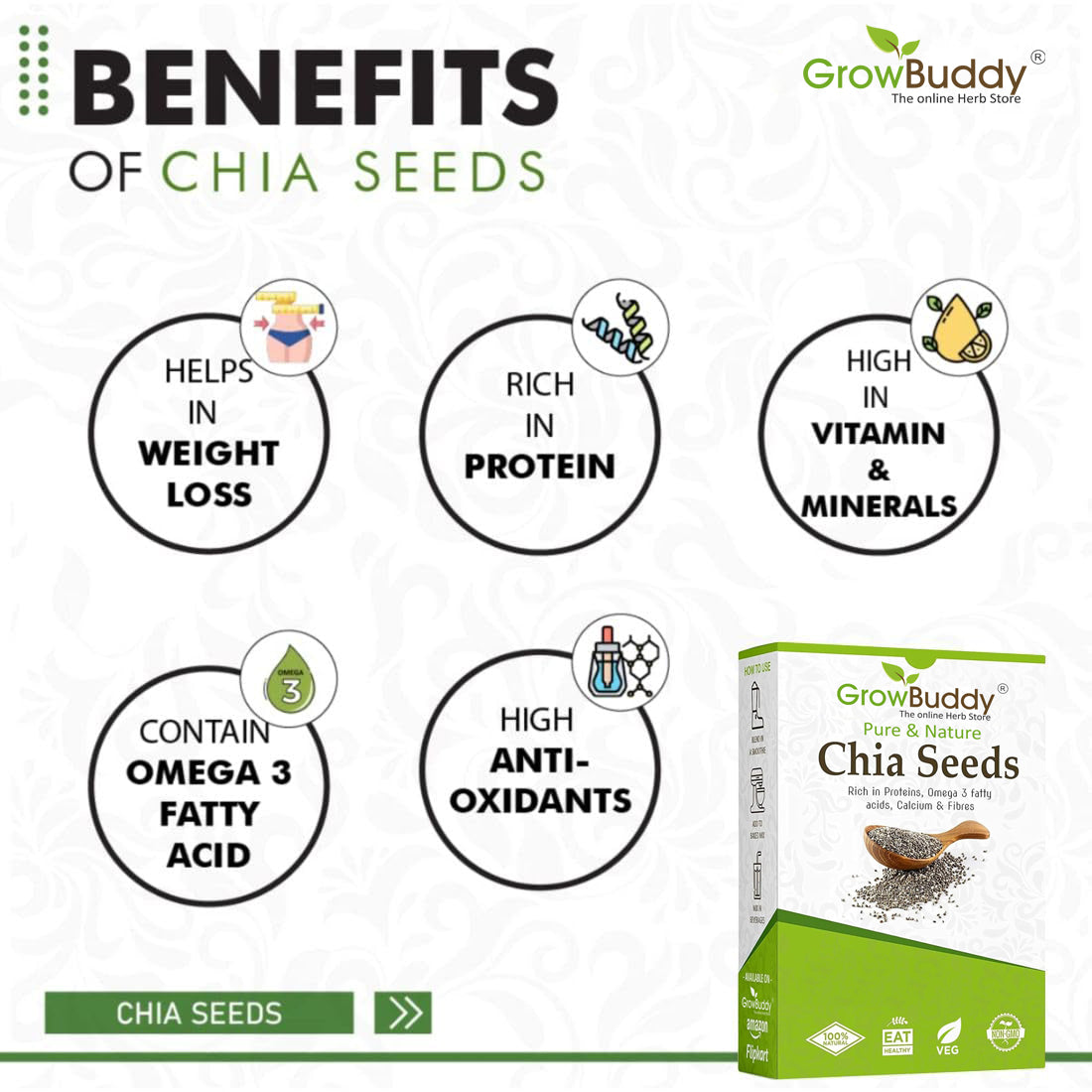 GrowBuddy Chia Seeds 250 gm - For Weight Management and Eating | Pure and Natural | Preservative-free | Non-GMO | Clean and Sorted | Rich in Calcium, Protein, Omega-3 & Fibre |
