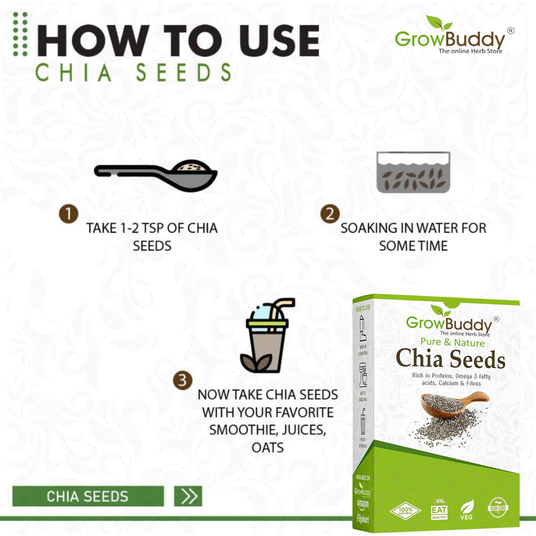 GrowBuddy Chia Seeds 250 gm - For Weight Management and Eating | Pure and Natural | Preservative-free | Non-GMO | Clean and Sorted | Rich in Calcium, Protein, Omega-3 & Fibre |