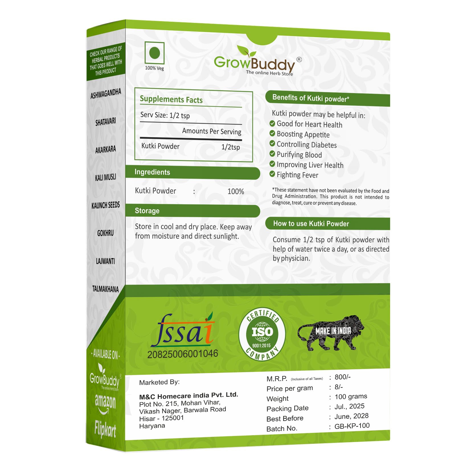 GrowBuddy Kutki Powder 100 gm - For Liver support, Detox, Blood sugar management | 100% Pure and Natural, No Preservatives