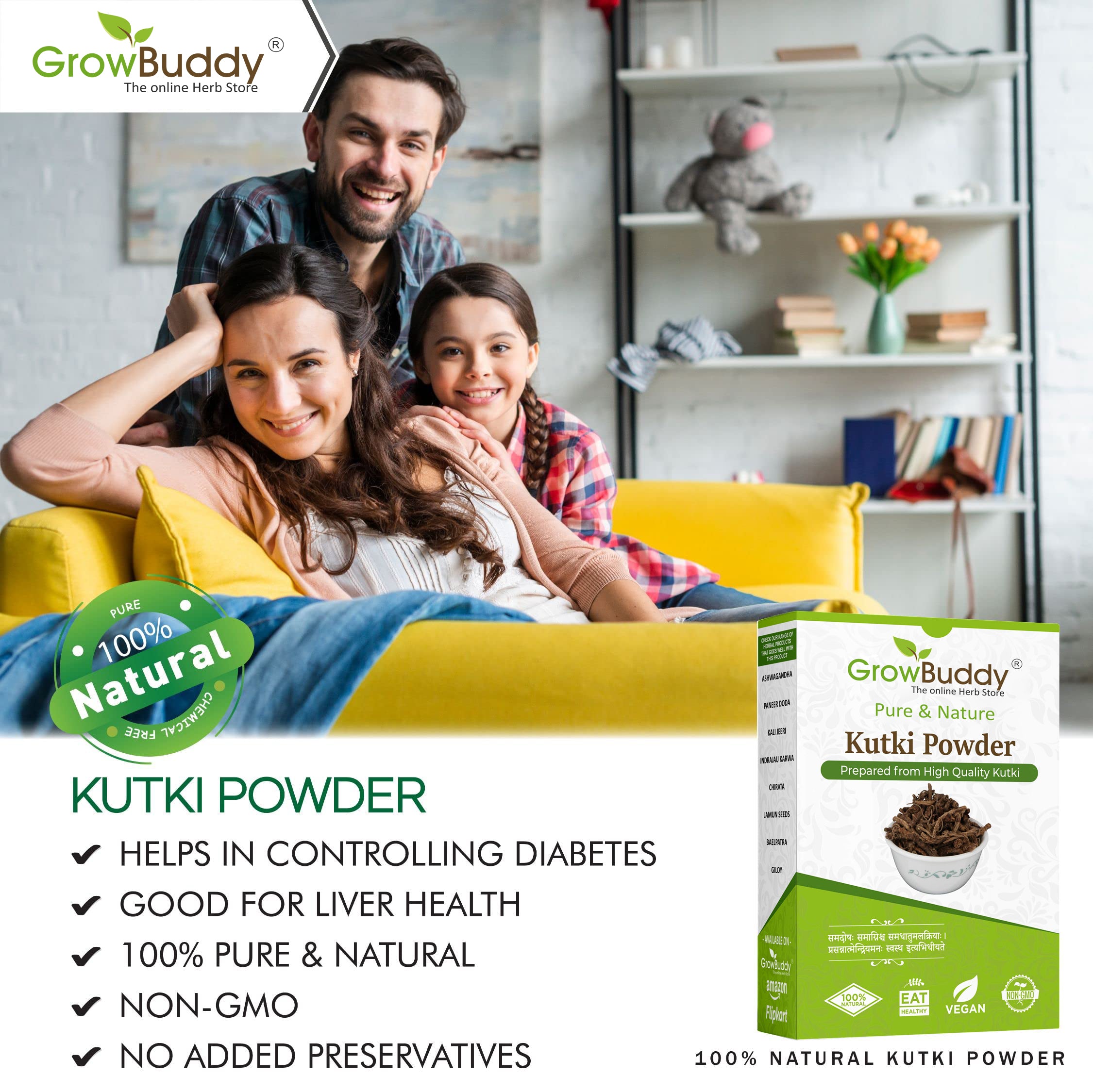 GrowBuddy Kutki Powder 100 gm - For Liver support, Detox, Blood sugar management | 100% Pure and Natural, No Preservatives