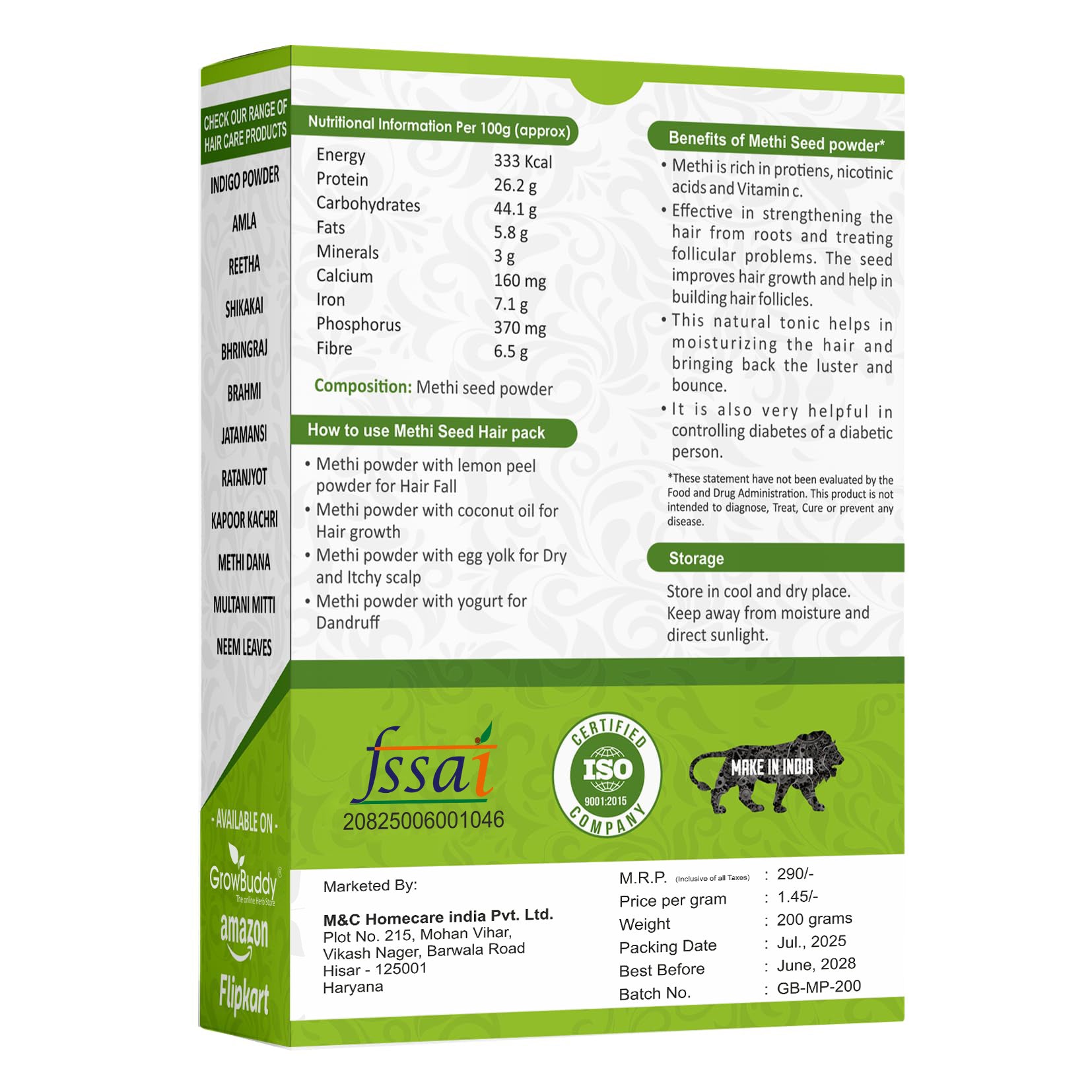 GrowBuddy Methi Seed Powder For Hair Growth - 200 g | Fenugreek Powder