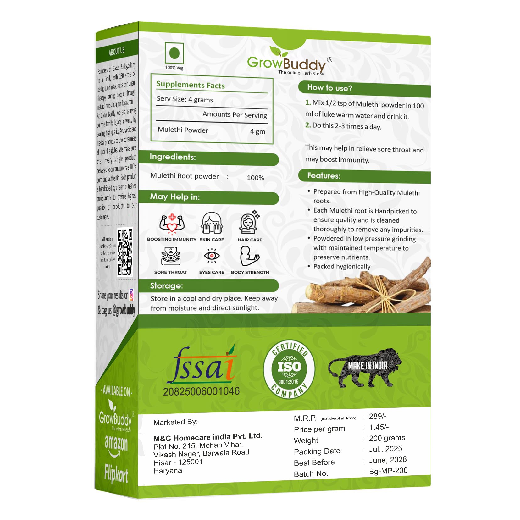 GrowBuddy Pure & Natural Mulethi Powder For Skin Whitening, Licorice Powder For Body, Skin and Hair, (200gm)