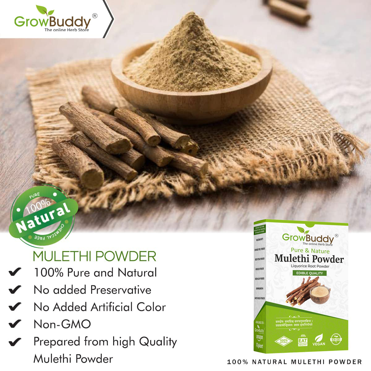 GrowBuddy Pure & Natural Mulethi Powder For Skin Whitening, Licorice Powder For Body, Skin and Hair, (200gm)