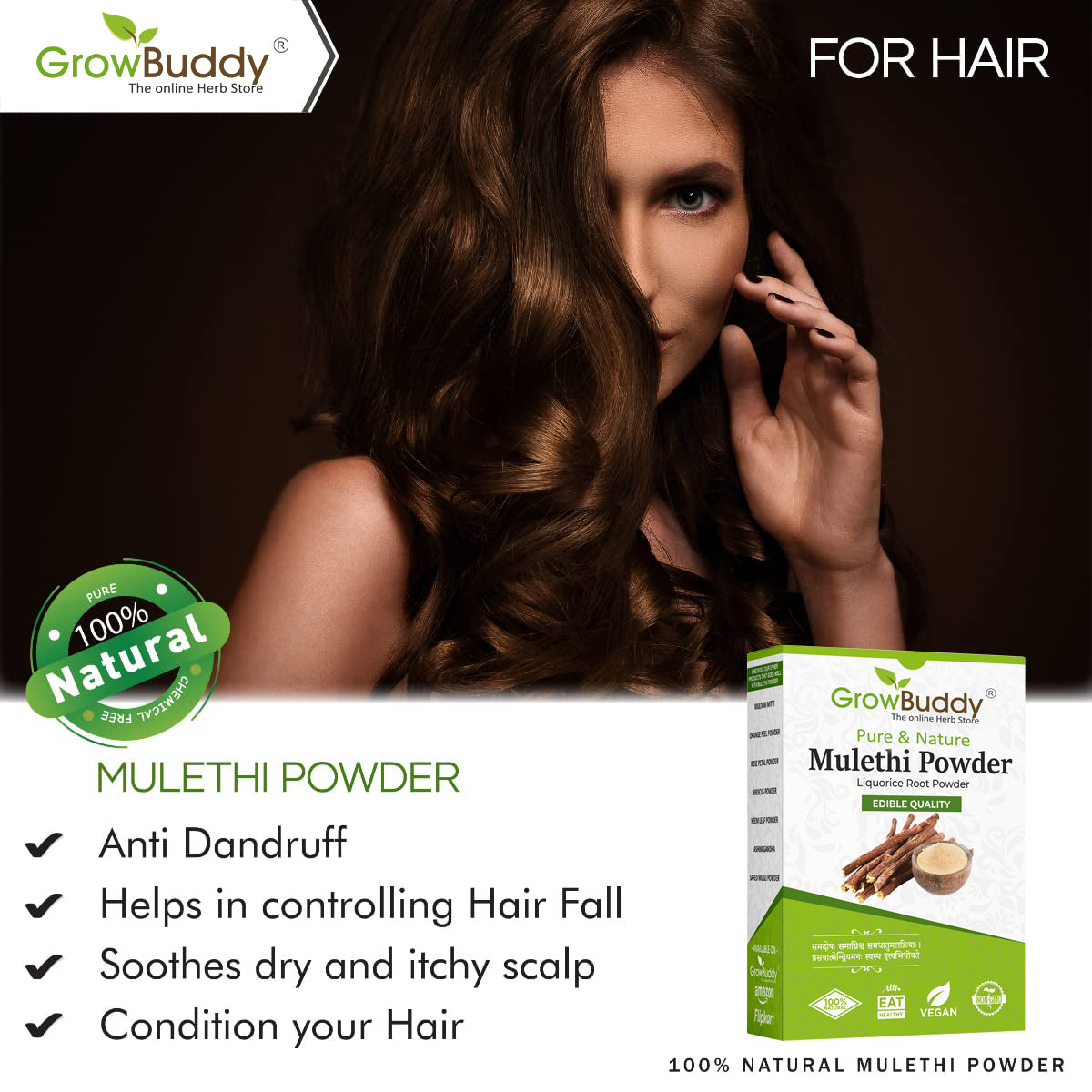 GrowBuddy Pure & Natural Mulethi Powder For Skin Whitening, Licorice Powder For Body, Skin and Hair, (200gm)