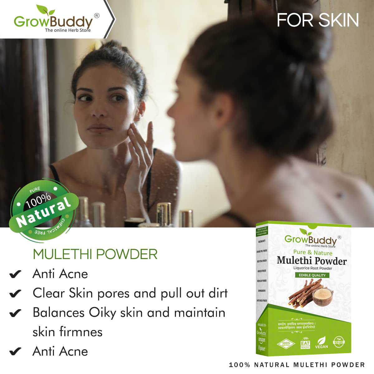GrowBuddy Pure & Natural Mulethi Powder For Skin Whitening, Licorice Powder For Body, Skin and Hair, (200gm)