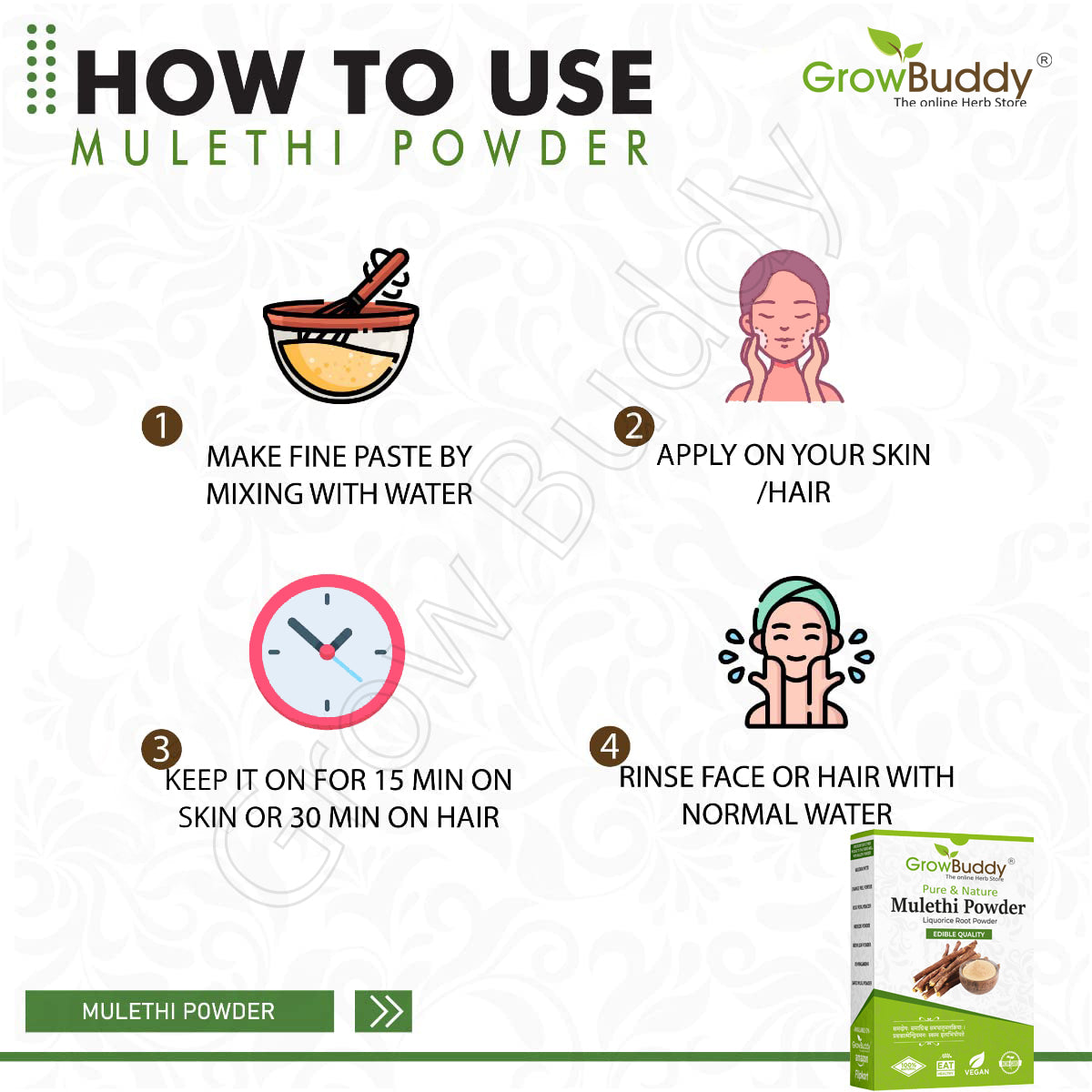 GrowBuddy Pure & Natural Mulethi Powder For Skin Whitening, Licorice Powder For Body, Skin and Hair, (200gm)