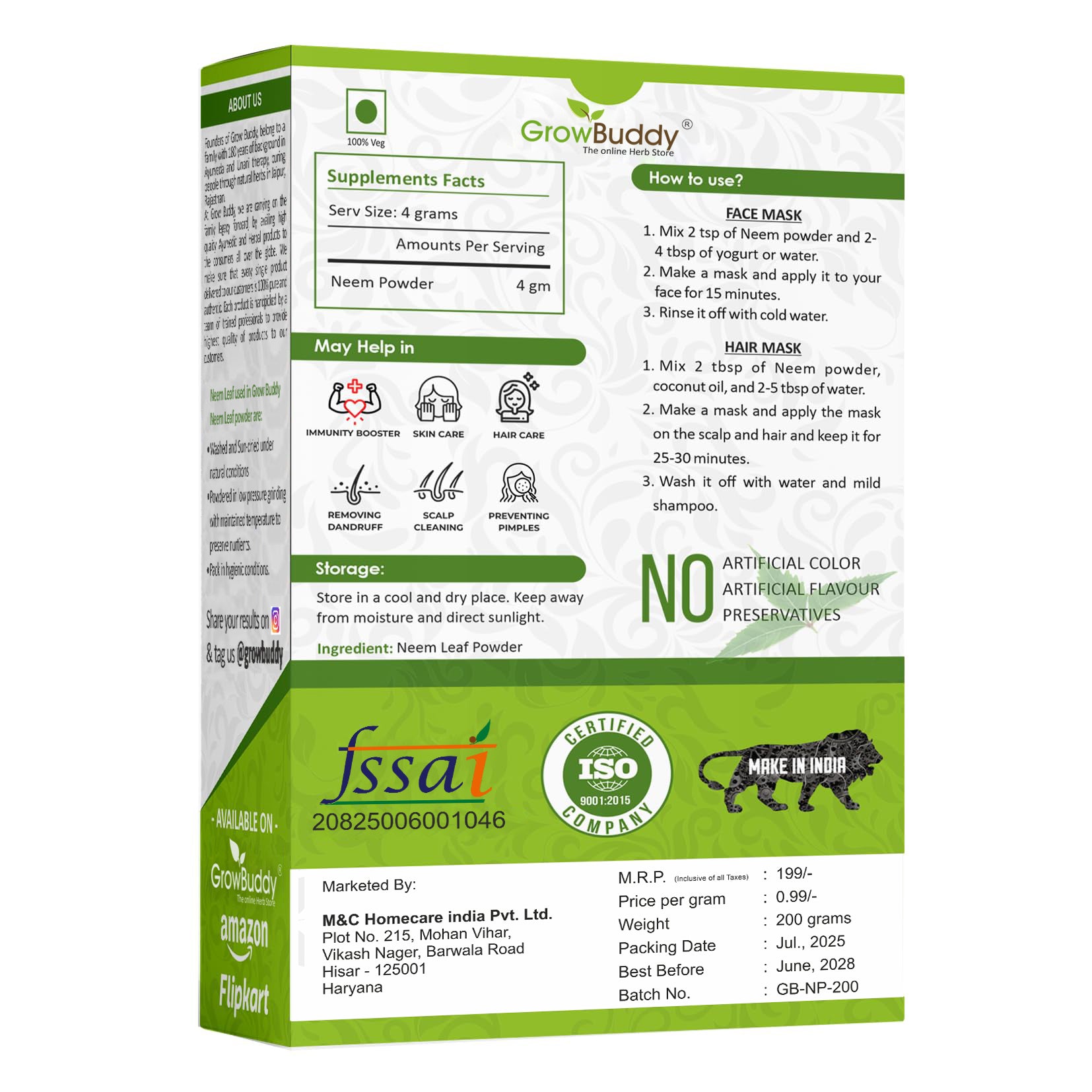 GrowBuddy Neem powder for Face, Skin and Hair (200 grams) | 100% Natural, No Preservative | Ideal for Face Pack, Hair Pack and Eating