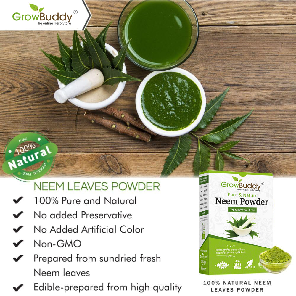 GrowBuddy Neem powder for Face, Skin and Hair (200 grams) | 100% Natural, No Preservative | Ideal for Face Pack, Hair Pack and Eating