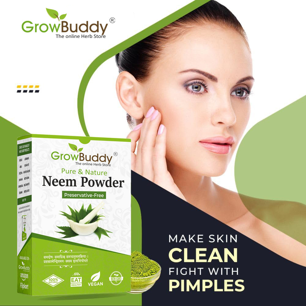 GrowBuddy Neem powder for Face, Skin and Hair (200 grams) | 100% Natural, No Preservative | Ideal for Face Pack, Hair Pack and Eating