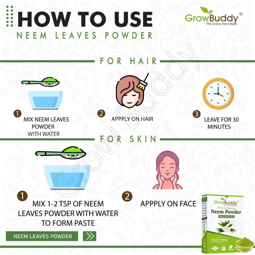 GrowBuddy Neem powder for Face, Skin and Hair (200 grams) | 100% Natural, No Preservative | Ideal for Face Pack, Hair Pack and Eating