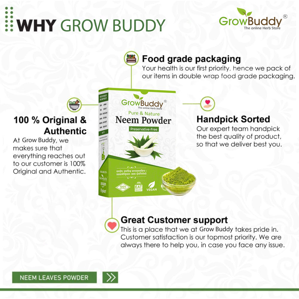 GrowBuddy Neem powder for Face, Skin and Hair (200 grams) | 100% Natural, No Preservative | Ideal for Face Pack, Hair Pack and Eating