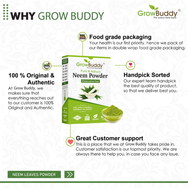 GrowBuddy Neem powder for Face, Skin and Hair (200 grams) | 100% Natural, No Preservative | Ideal for Face Pack, Hair Pack and Eating
