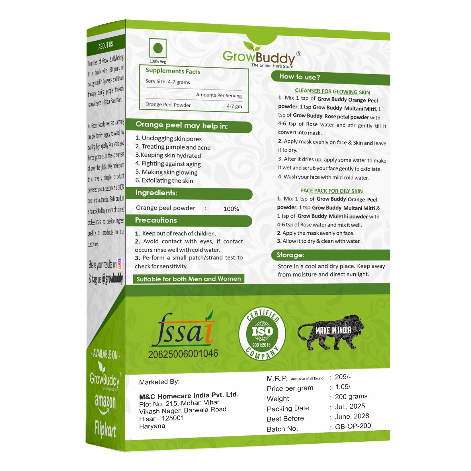 GrowBuddy Orange Peel Powder For Face Skin Whitening (200 Grams)