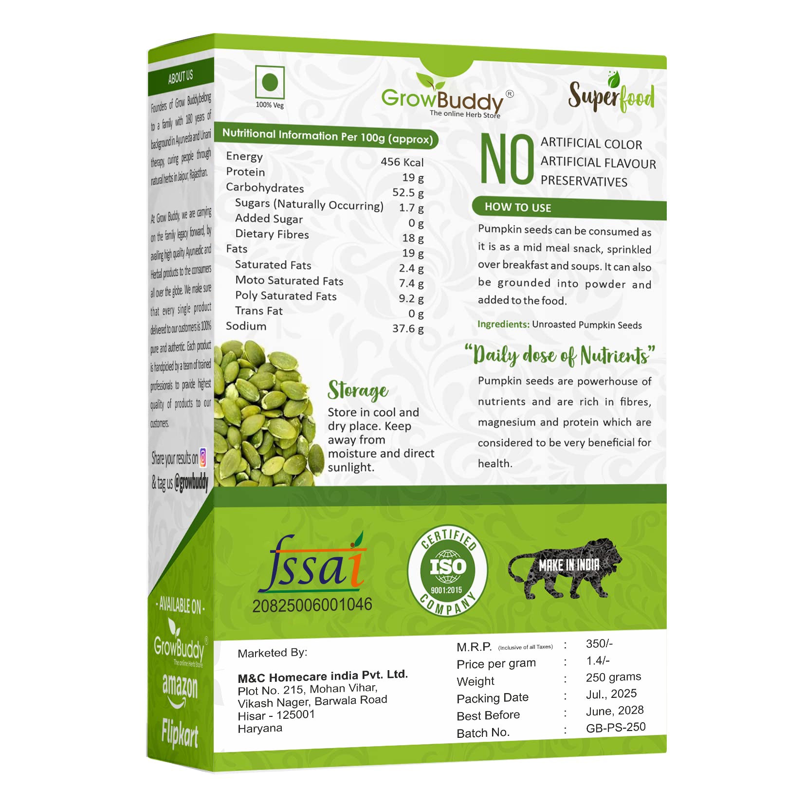 GrowBuddy Raw Pumpkin Seeds for Eating (250 Grams) | Protein and Fiber Rich Superfood | Unsalted, unroasted