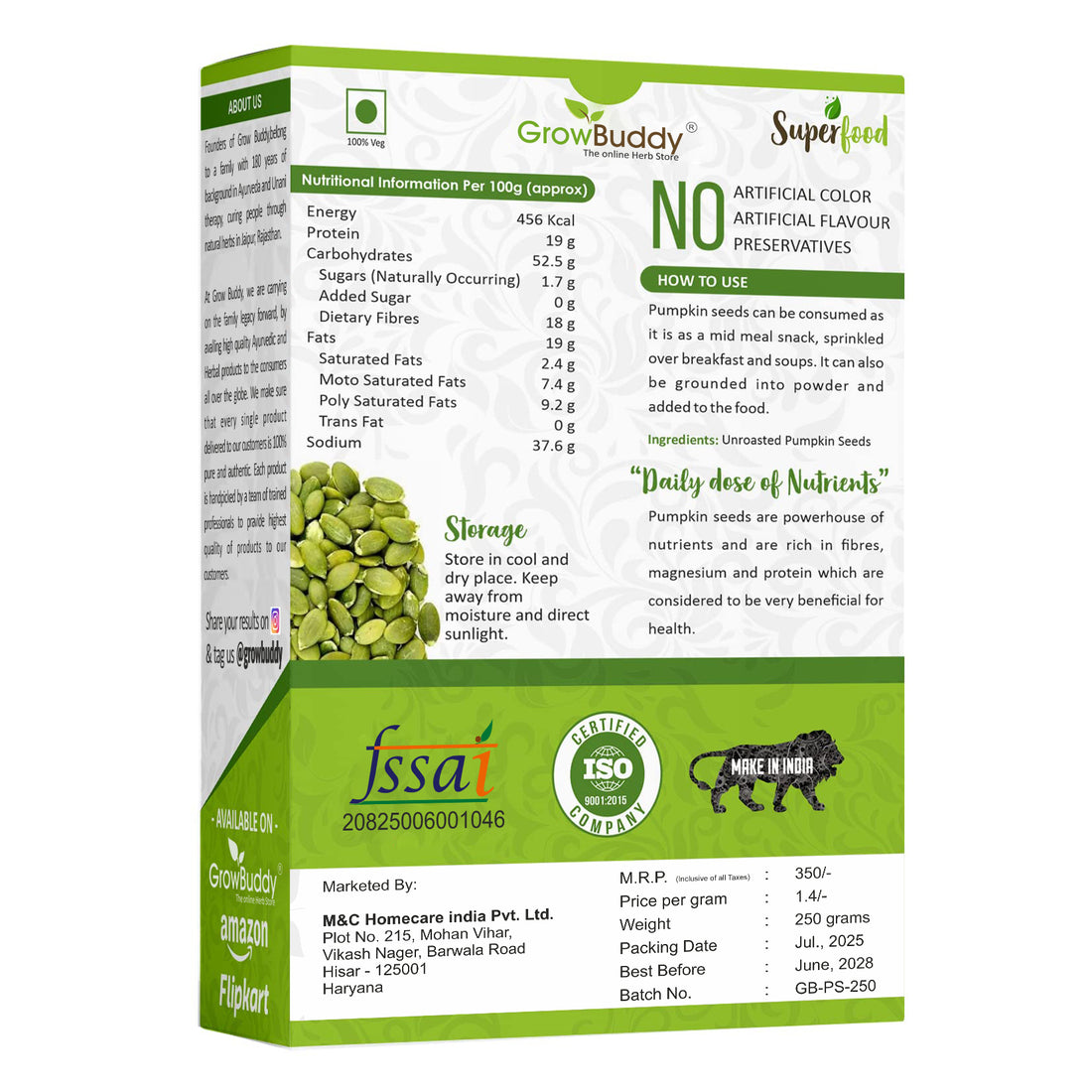 GrowBuddy Raw Pumpkin Seeds for Eating (250 Grams) | Protein and Fiber Rich Superfood | Unsalted, unroasted