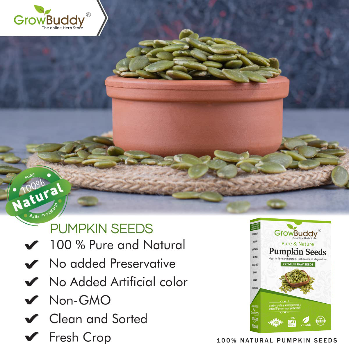 GrowBuddy Raw Pumpkin Seeds for Eating (250 Grams) | Protein and Fiber Rich Superfood | Unsalted, unroasted