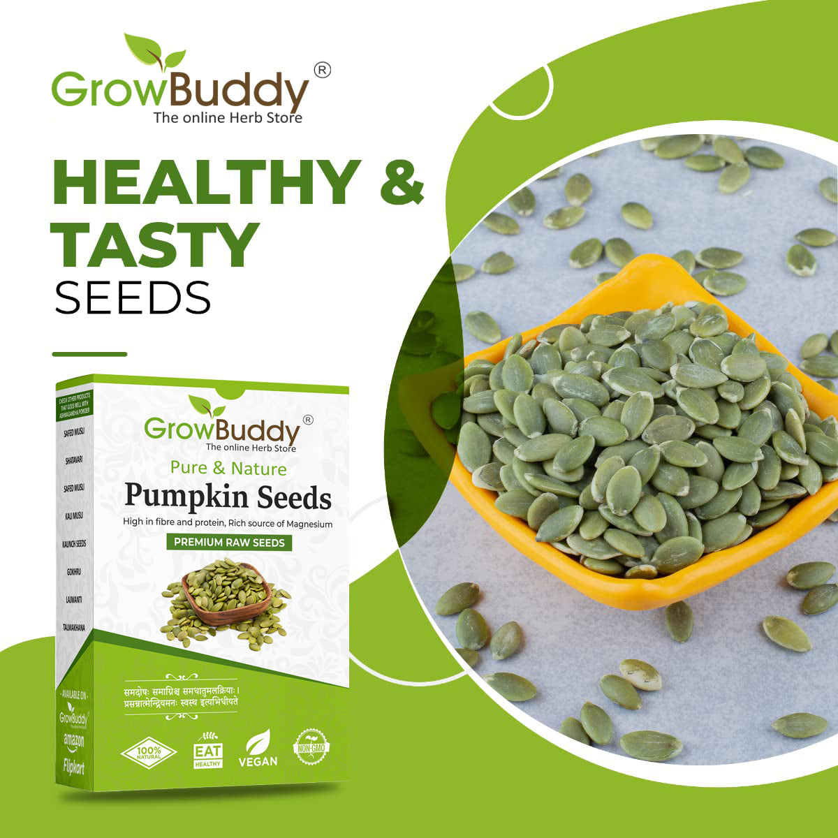 GrowBuddy Raw Pumpkin Seeds for Eating (250 Grams) | Protein and Fiber Rich Superfood | Unsalted, unroasted