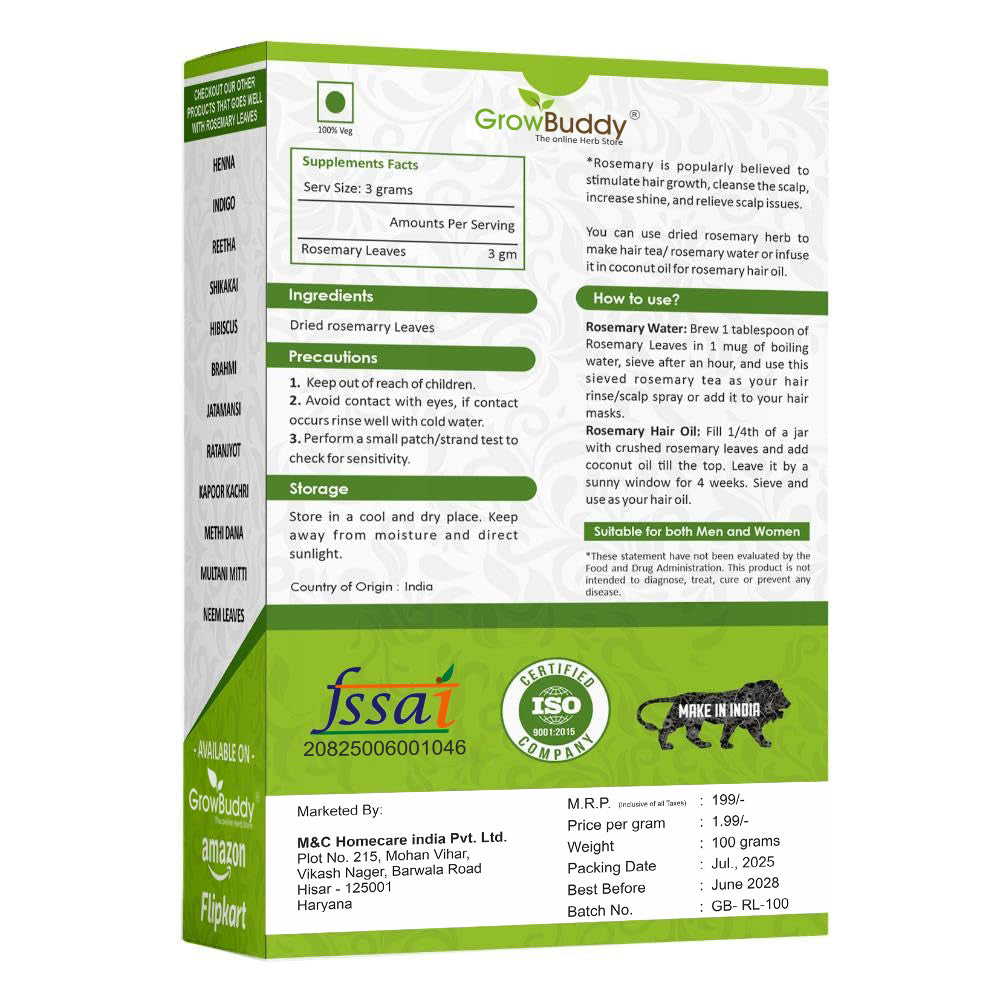 GrowBuddy Natural Rosemary leaves for Hair growth 100 grams | 100% Natural, Preservative free | Dried rosemary leaves | Suitable for Rosemary water and Rosemarry oil preparation