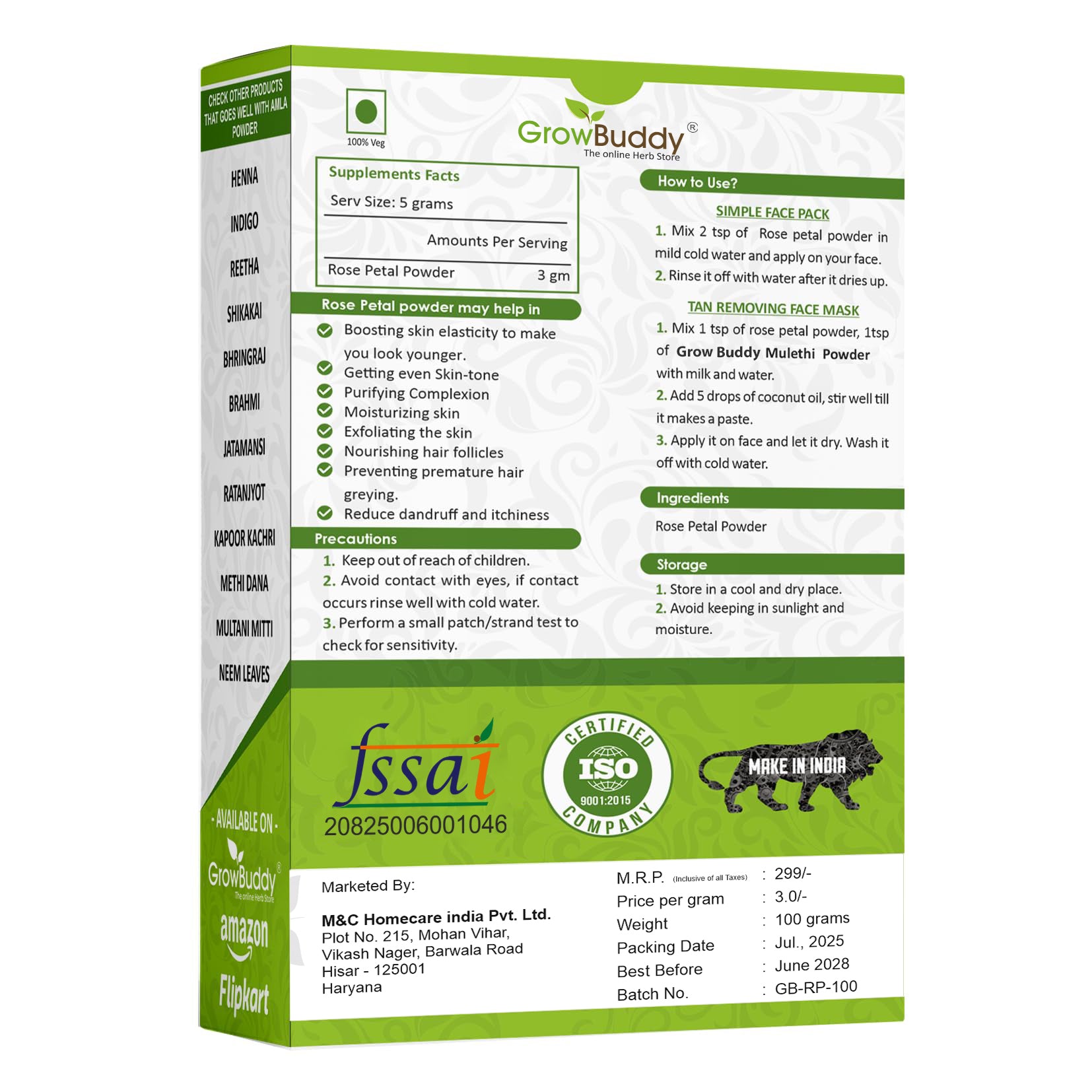 GrowBuddy Rose petal powder 100 grams | Ideal for Skin and Face | 100% Pure and Natural, No Preservative | Antioxidant Support To Revitalize Skin Health