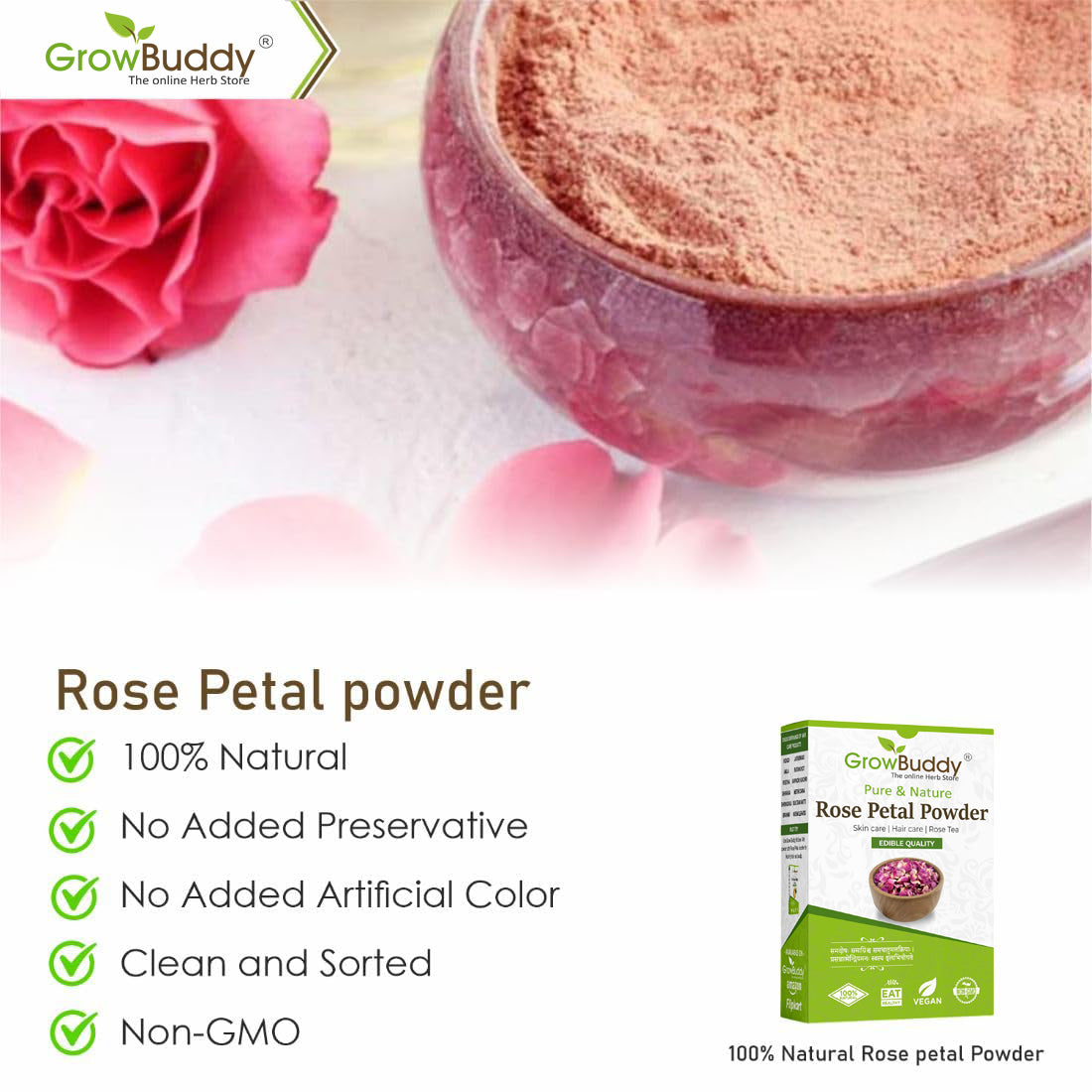 GrowBuddy Rose petal powder 100 grams | Ideal for Skin and Face | 100% Pure and Natural, No Preservative | Antioxidant Support To Revitalize Skin Health