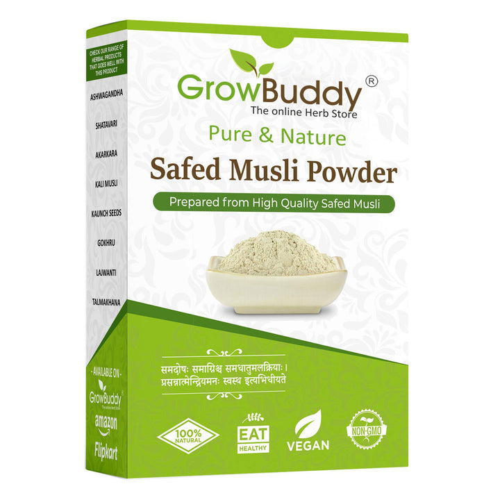 GrowBuddy Safed Musli Powder (100 grams) for Stamina and Energy | 100% Pure, Preservative free | No Artificial flavour or color added