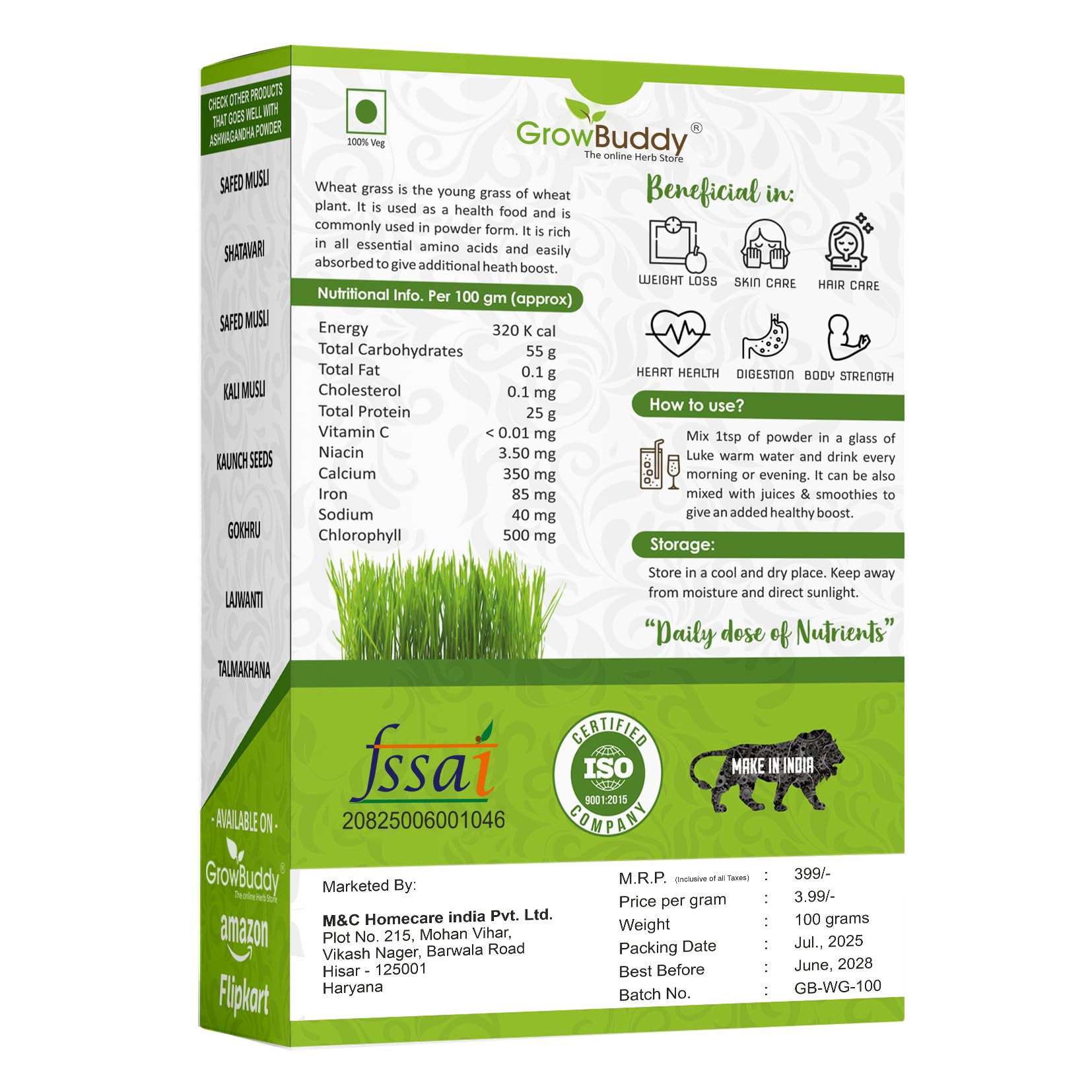 GrowBuddy 100% Natural Wheat Grass Powder (100 Gram) | Pure, Preservative free, Non-GMO | Immunity booster, De-Toxifying, Support healthy metabolism