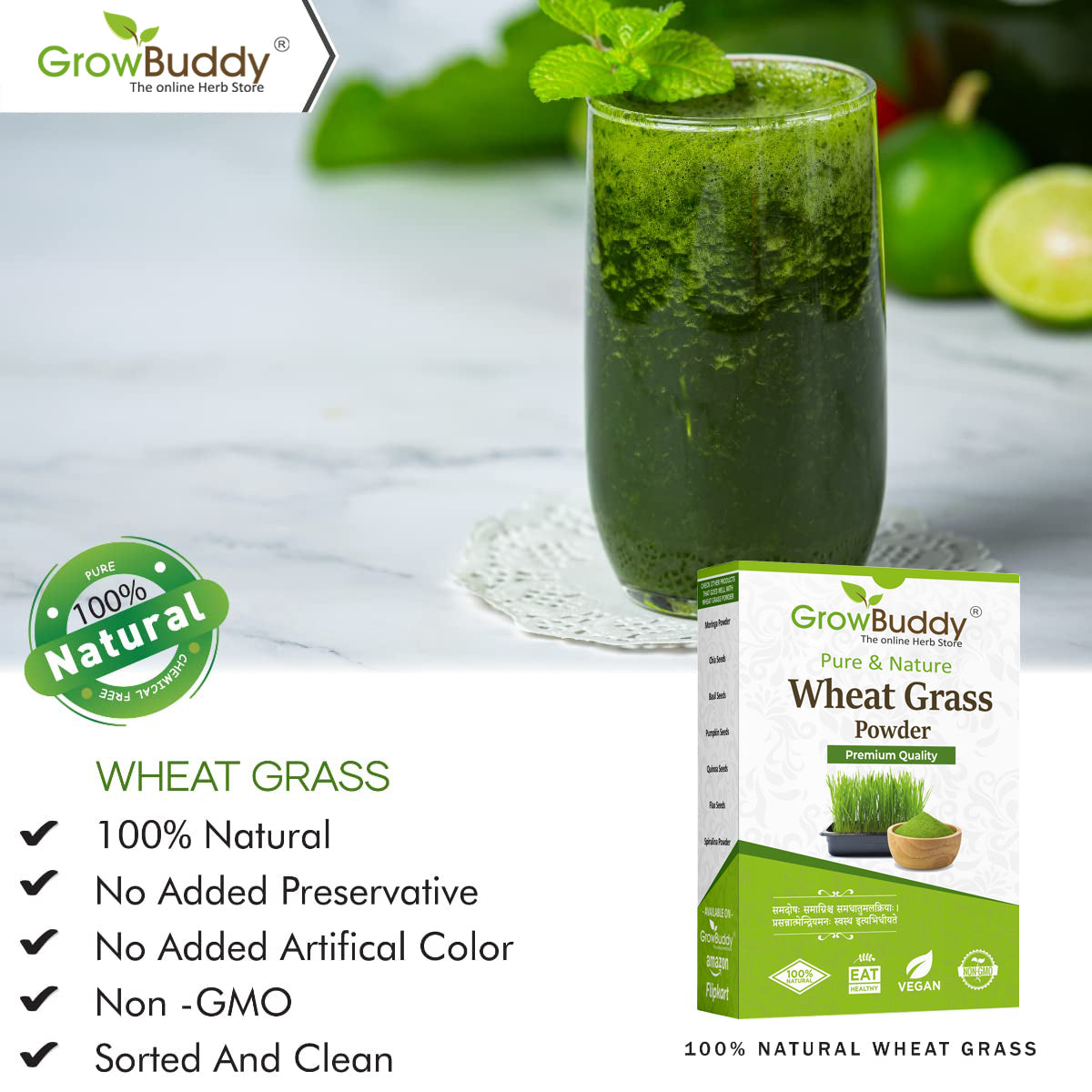 GrowBuddy 100% Natural Wheat Grass Powder (100 Gram) | Pure, Preservative free, Non-GMO | Immunity booster, De-Toxifying, Support healthy metabolism