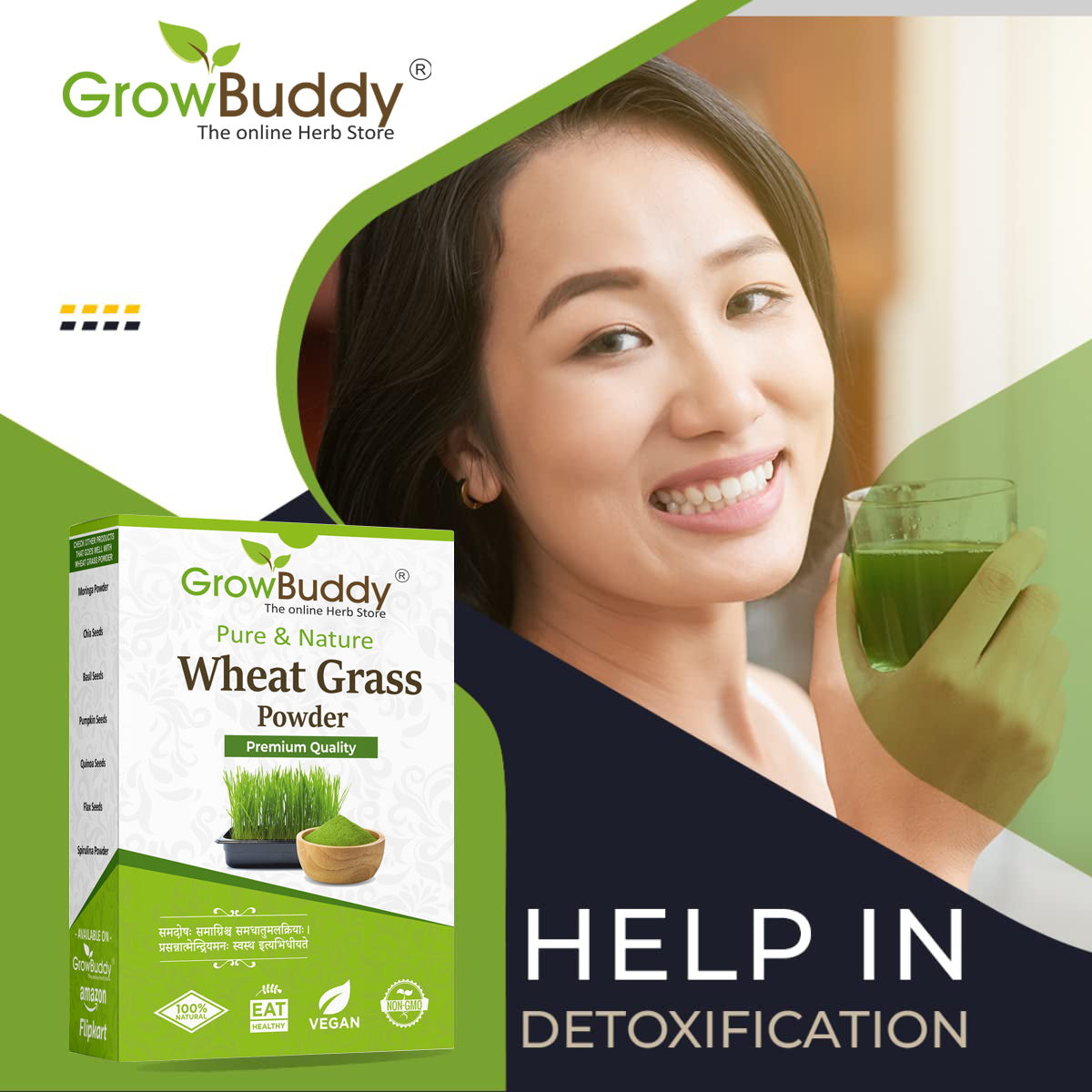 GrowBuddy 100% Natural Wheat Grass Powder (100 Gram) | Pure, Preservative free, Non-GMO | Immunity booster, De-Toxifying, Support healthy metabolism