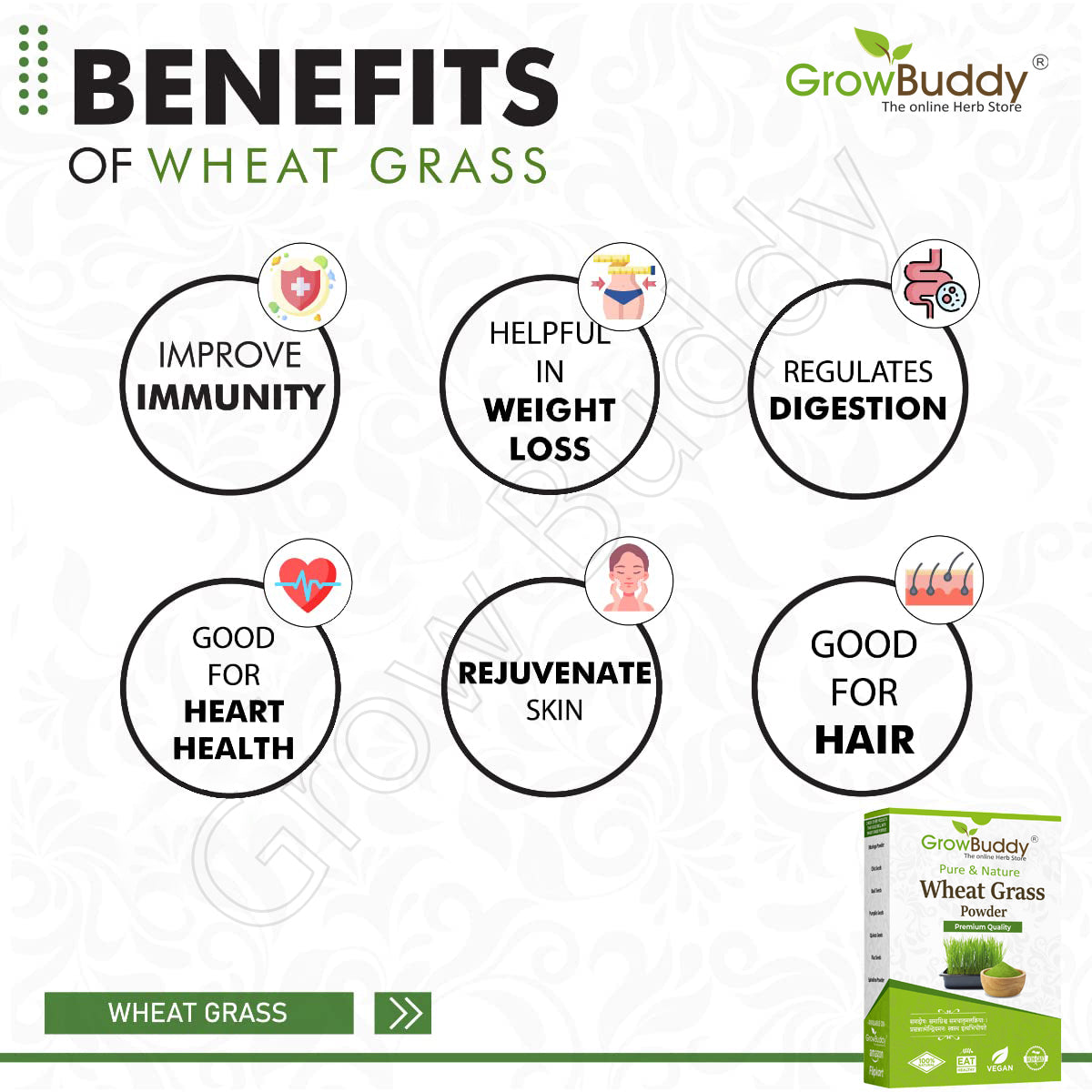 GrowBuddy 100% Natural Wheat Grass Powder (100 Gram) | Pure, Preservative free, Non-GMO | Immunity booster, De-Toxifying, Support healthy metabolism