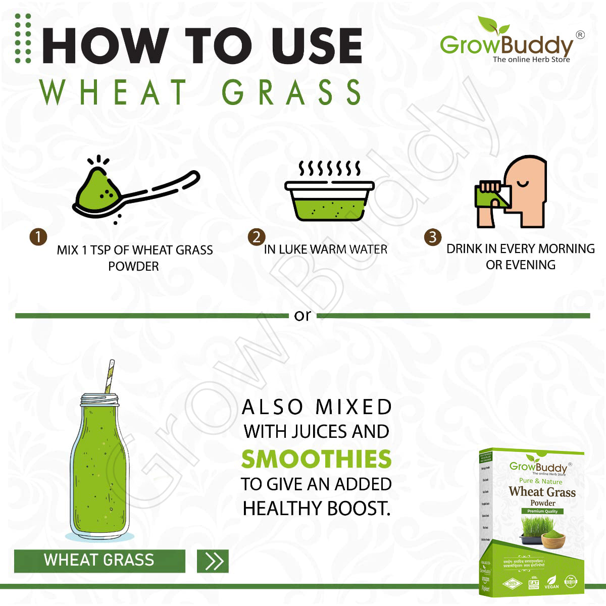 GrowBuddy 100% Natural Wheat Grass Powder (100 Gram) | Pure, Preservative free, Non-GMO | Immunity booster, De-Toxifying, Support healthy metabolism
