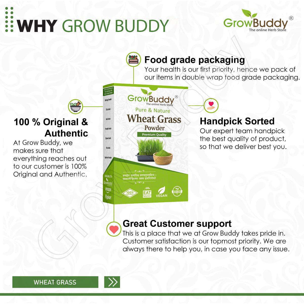 GrowBuddy 100% Natural Wheat Grass Powder (100 Gram) | Pure, Preservative free, Non-GMO | Immunity booster, De-Toxifying, Support healthy metabolism