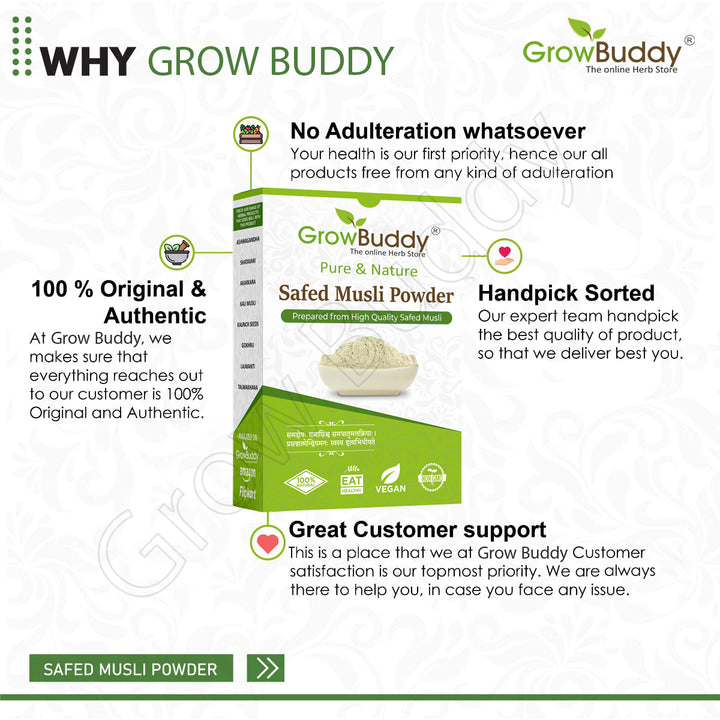 GrowBuddy Safed Musli Powder (100 grams) for Stamina and Energy | 100% Pure, Preservative free | No Artificial flavour or color added