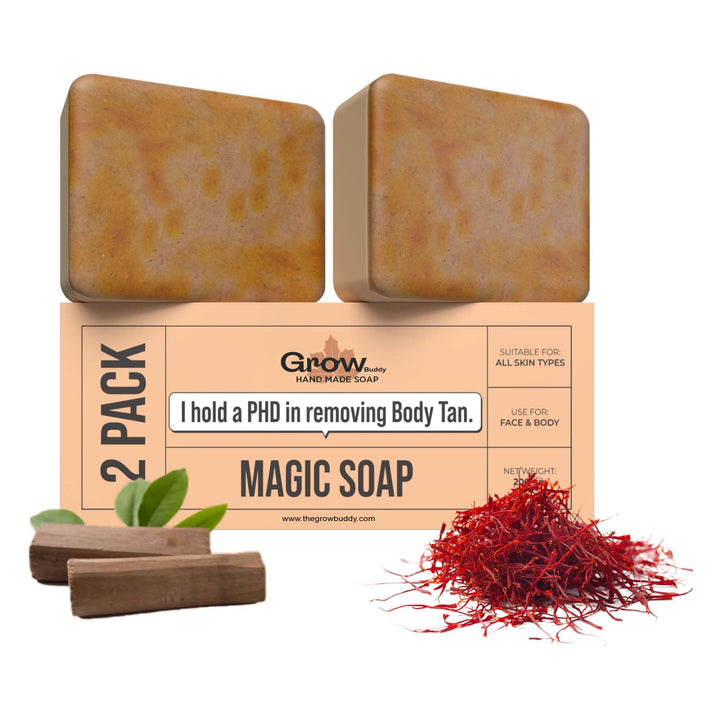 GrowBuddy Sandalwood & Saffron Magic Soaps For Bath (100 Gms Pack Of 2) | Paraben Free | Chandan & Kesar Bath Soap | Handmade Soaps For Glowing | Skin Brightening Soap For Men & Women