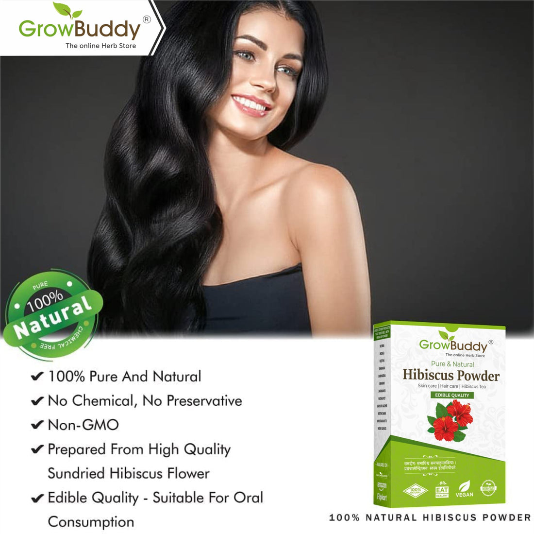 Growbuddy Hibiscus powder for hair growth (100 Grams) | Ideal for Hair pack, Face pack, Eating, and Hibiscus tea | Gudhal Ka Phool Powder | 100% Pure and Natural, No Preservatives