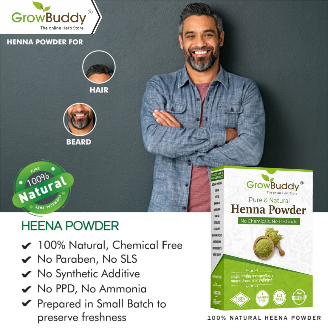 Growbuddy Natural Henna powder for hair Colour and Growth (200 gm)