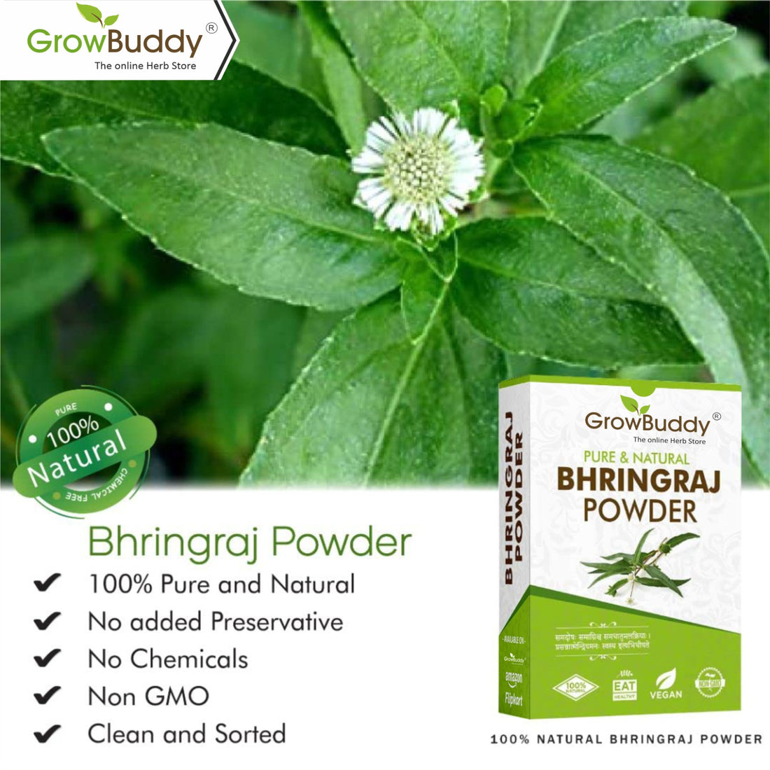 Growbuddy Natural Bhringraj Powder for hair growth (100 Grams) | For Hair Mask and Eating | 100% Pure and Natural | No Chemical, No Preservatives