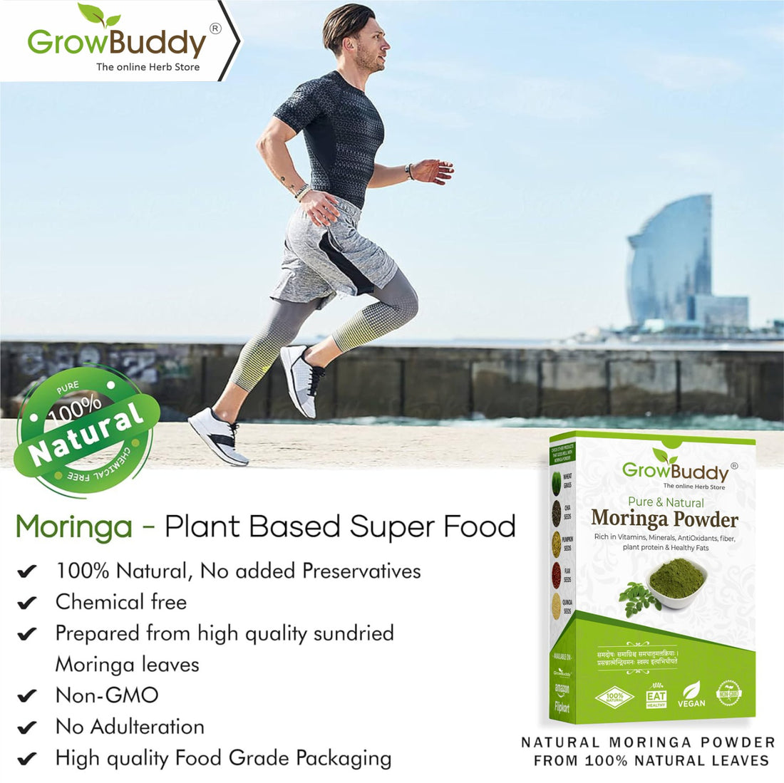 Growbuddy 100% Moringa Leaf Powder (200g) | Drumstick Leaf powder | Herbal Supplement | Good for Immunity, Digestion, skincare and Haircare | 100% Natural and Preservative-free